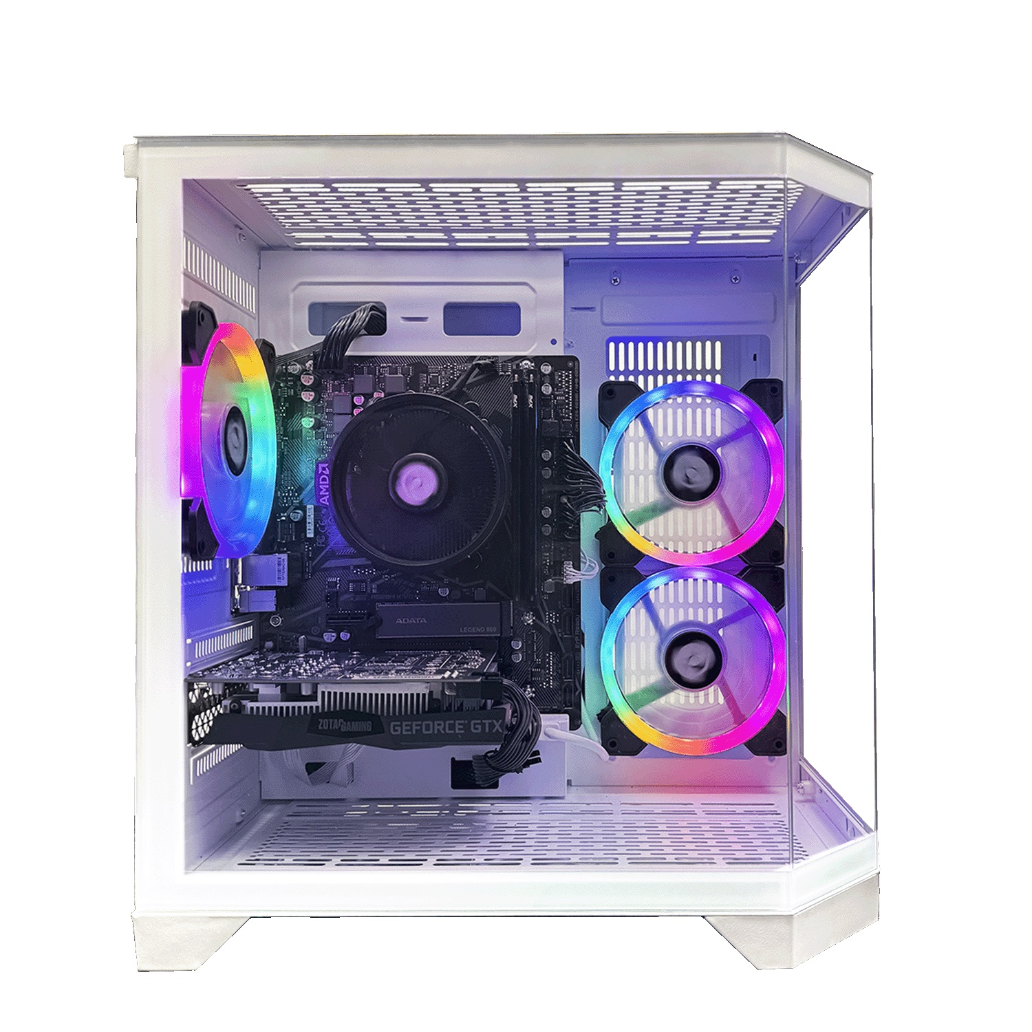 Biała obudowa komputera z komponentami w środku. Widoczne kolorowe wentylatory, płyta główna i karta graficzna.