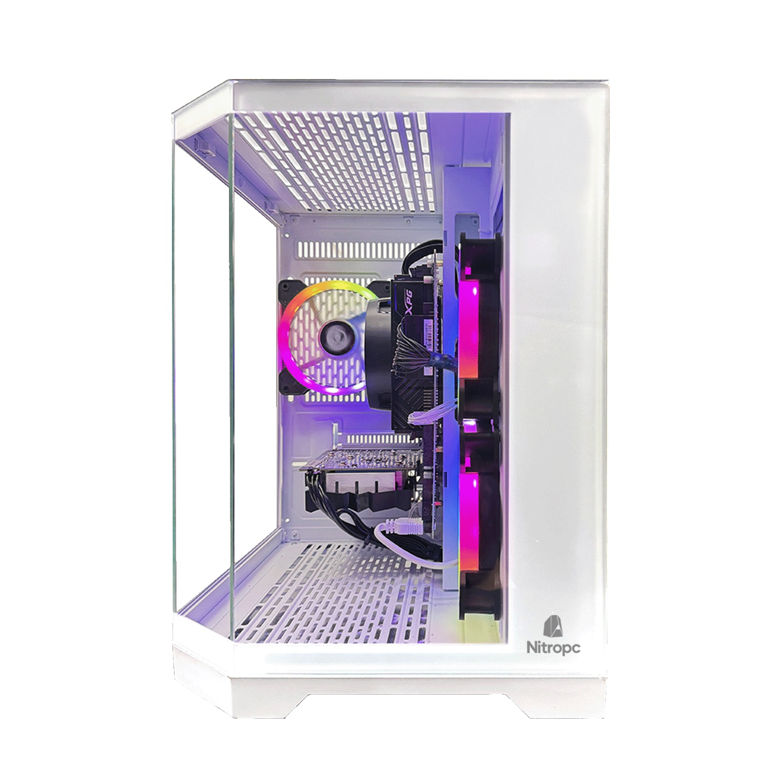 Biała obudowa komputera ze szklanym panelem. Wewnątrz płyta główna, wentylatory RGB i inne komponenty.
