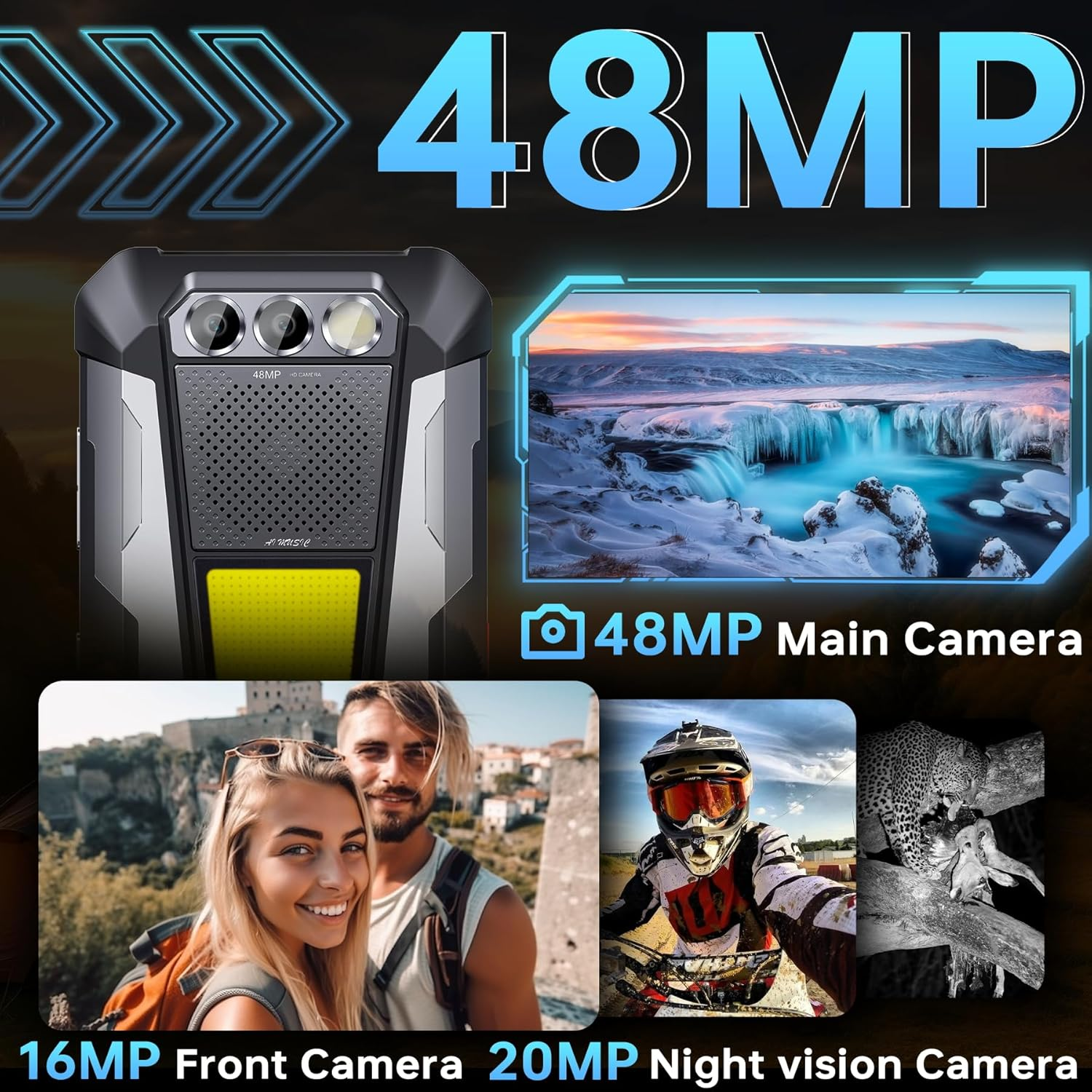 Uno smartphone robusto con fotocamere principali da 48MP, frontale da 16MP e visione notturna da 20MP. Mostra foto di cascata, coppia, corridore e leopardo.