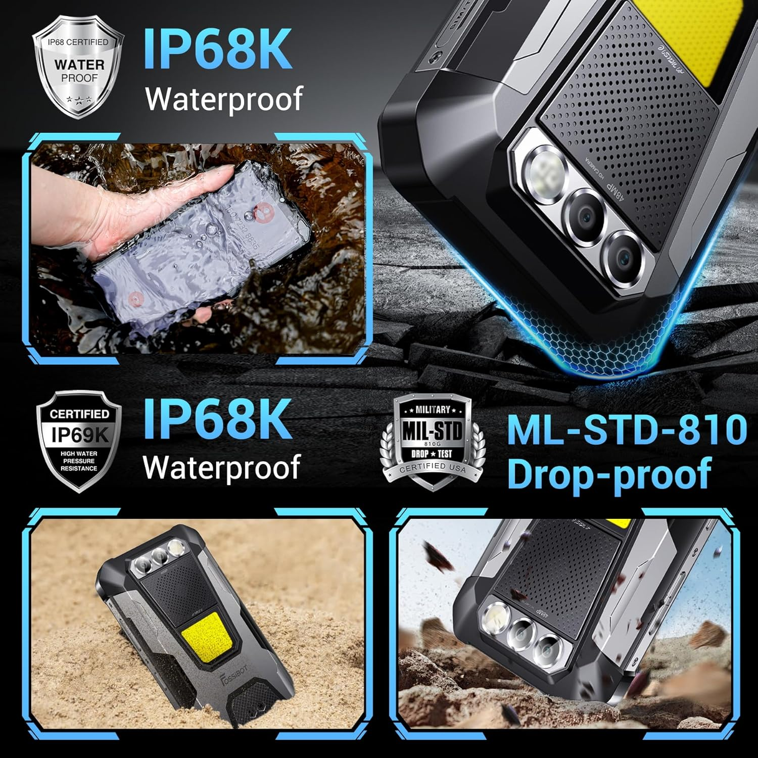 Un telefono robusto è immerso nell'acqua, dimostrando la sua impermeabilità. Il testo evidenzia IP68K e le capacità antiurto.