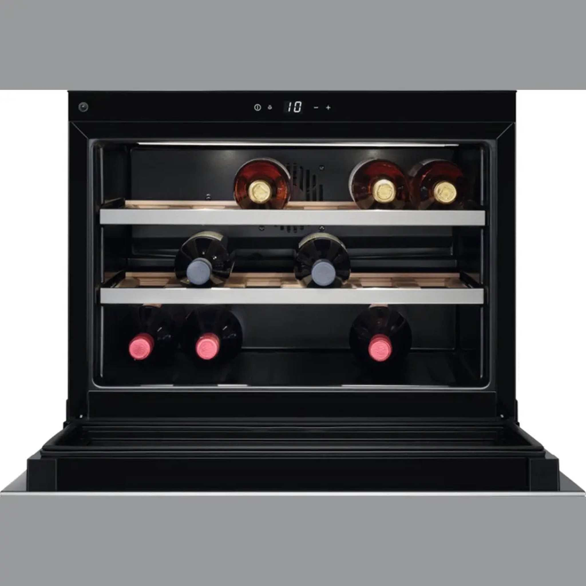 A wine cooler with several wine bottles on shelves. The cooler has a black door and a digital temperature display.