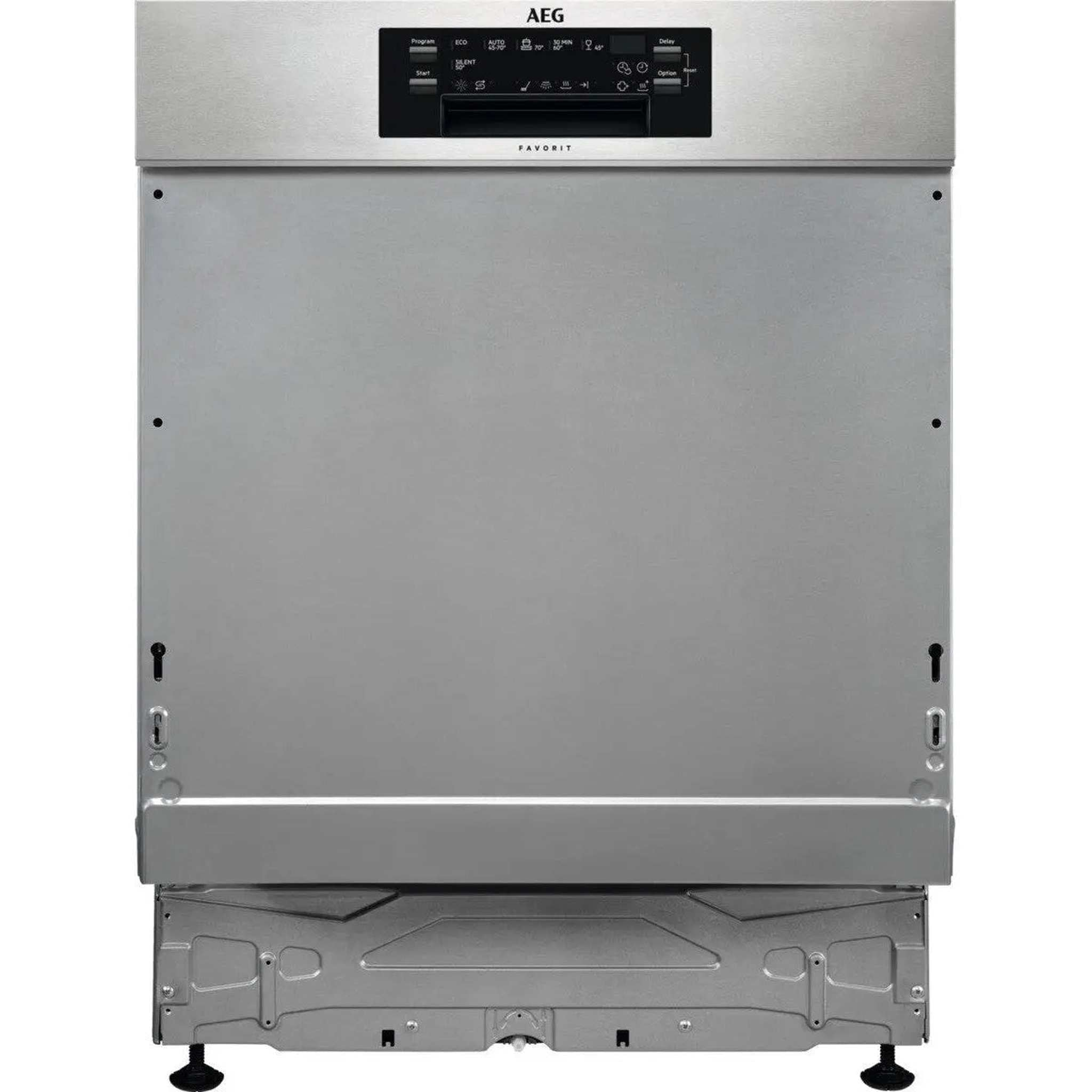 Un lave-vaisselle AEG Favorit en acier inoxydable. Il dispose d'un panneau de commande noir avec des boutons et un écran.