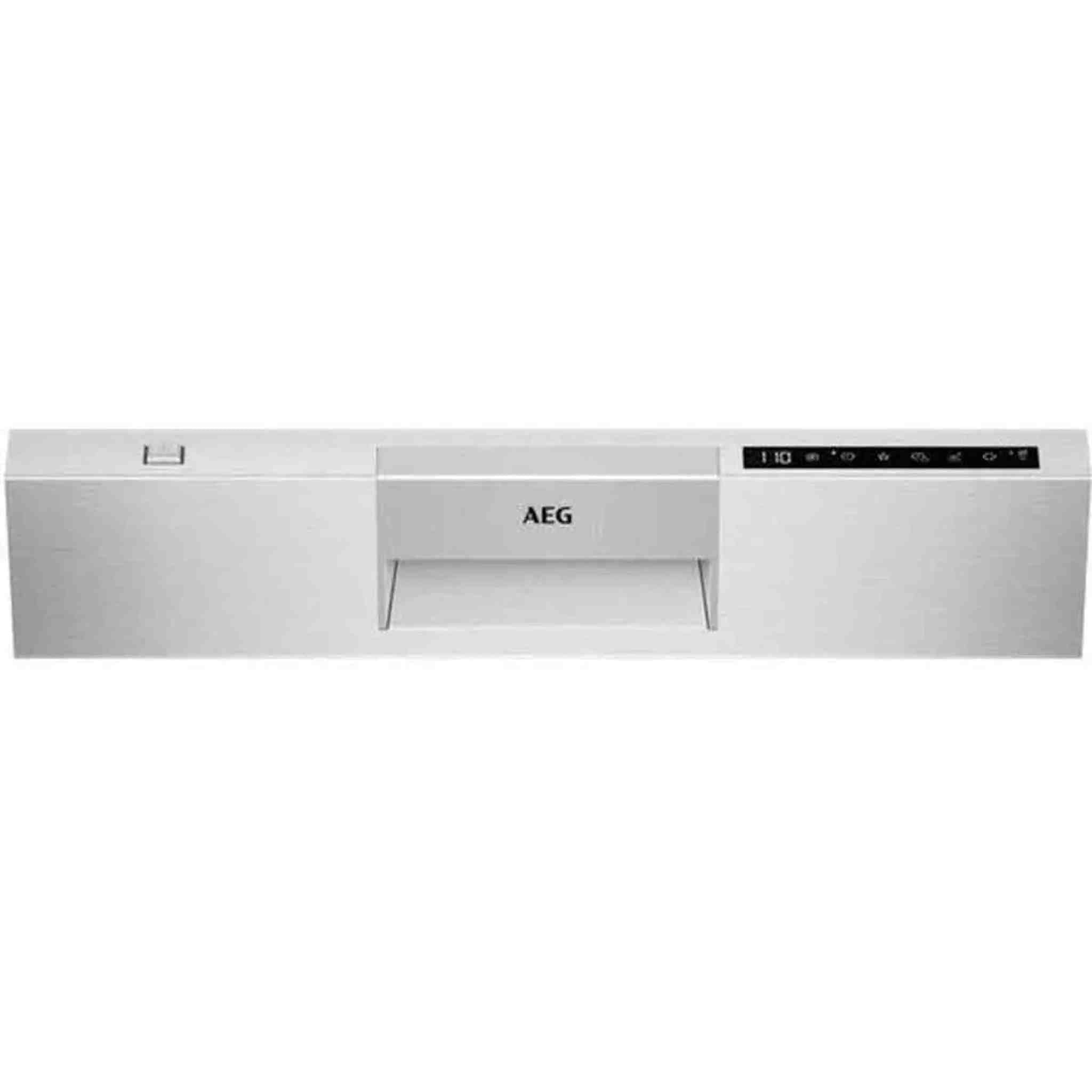 Une hotte aspirante AEG blanche. Il dispose d'un panneau de commande avec des chiffres et des symboles. Le logo est visible.