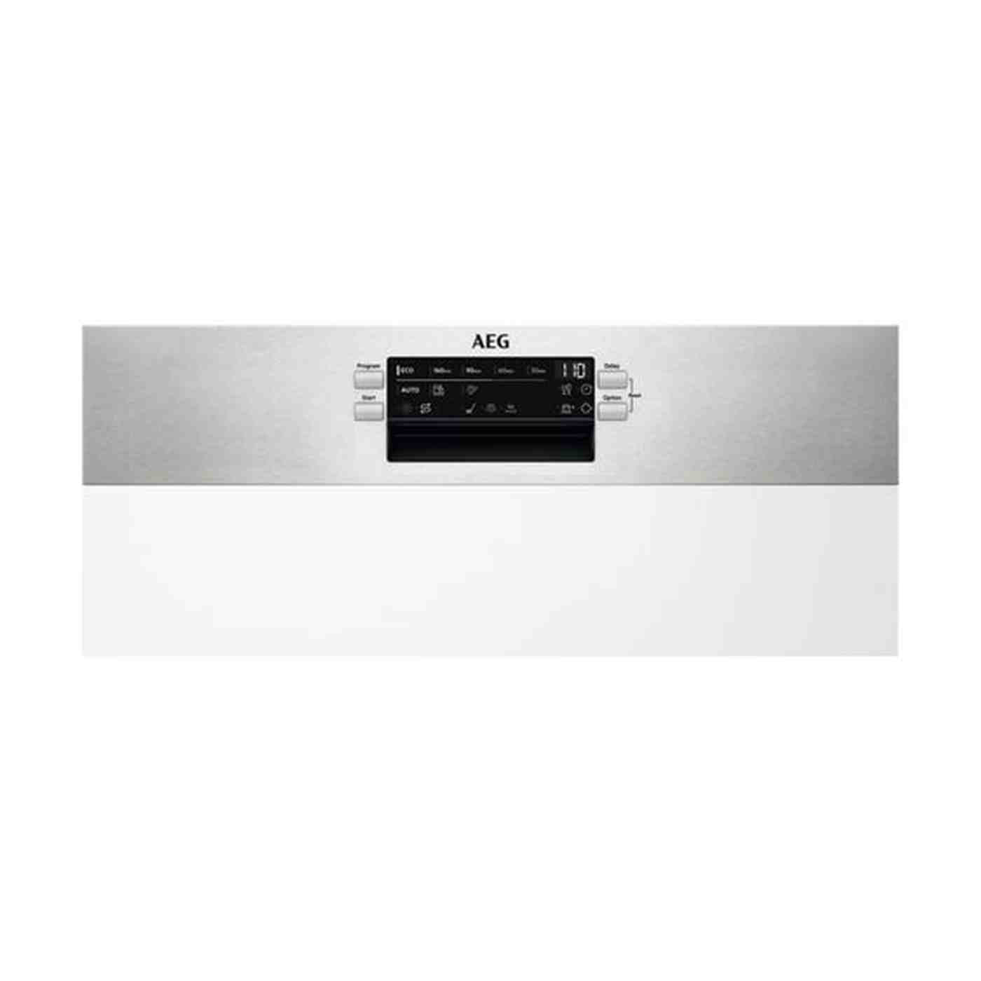 A dishwasher with a stainless steel top and a white bottom. It has an AEG logo and a control panel with buttons and a display.
