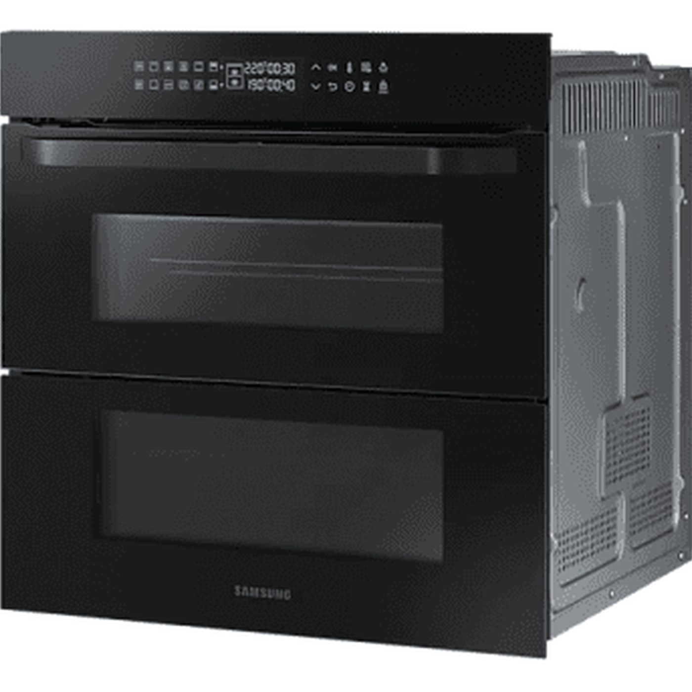 Een zwarte Samsung dubbele oven. De oven heeft twee compartimenten, met een digitaal display bovenaan. De zijkant is metaal.