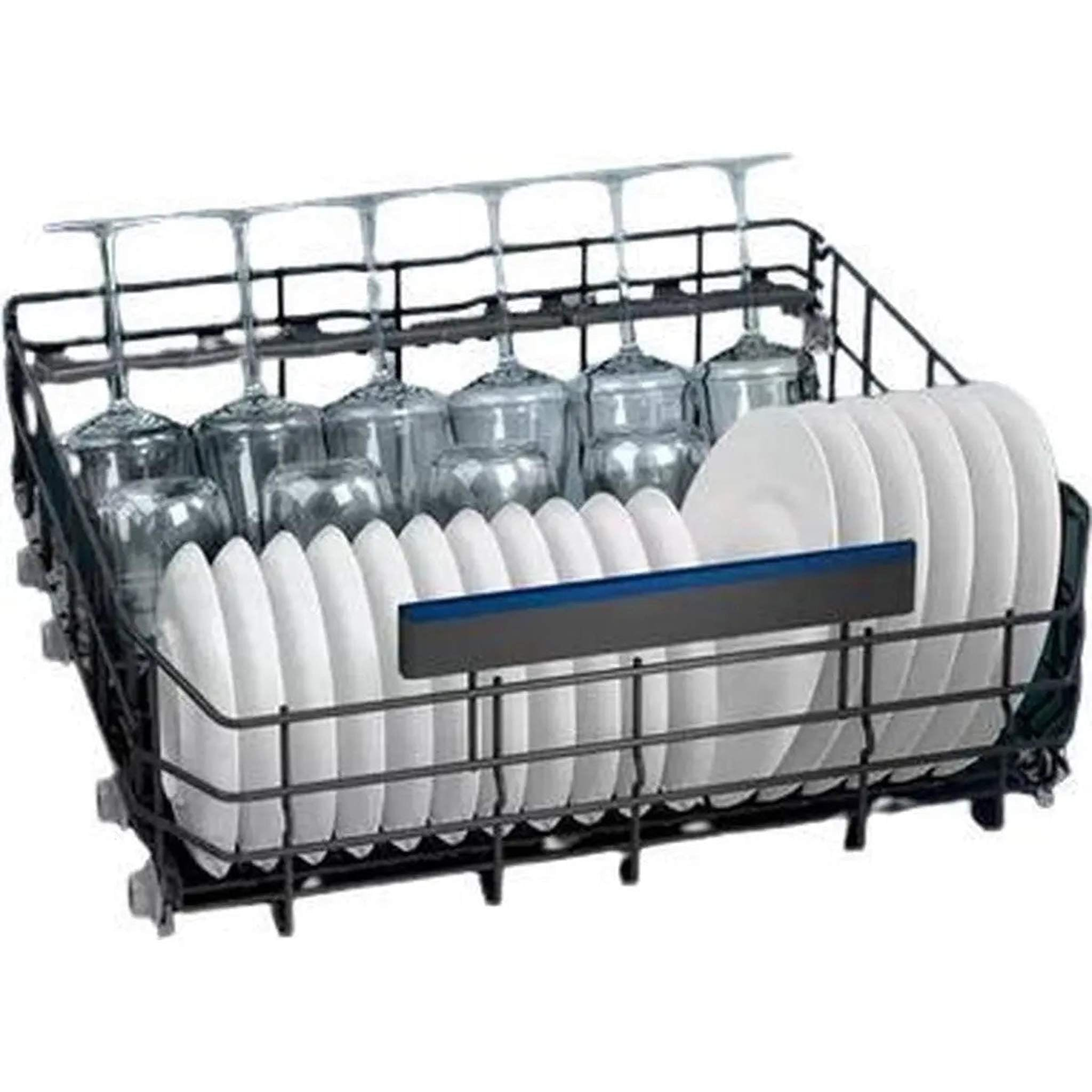 Vaatwasserrek met glazen en witte borden. Rek is zwart, borden wit, glazen helder.