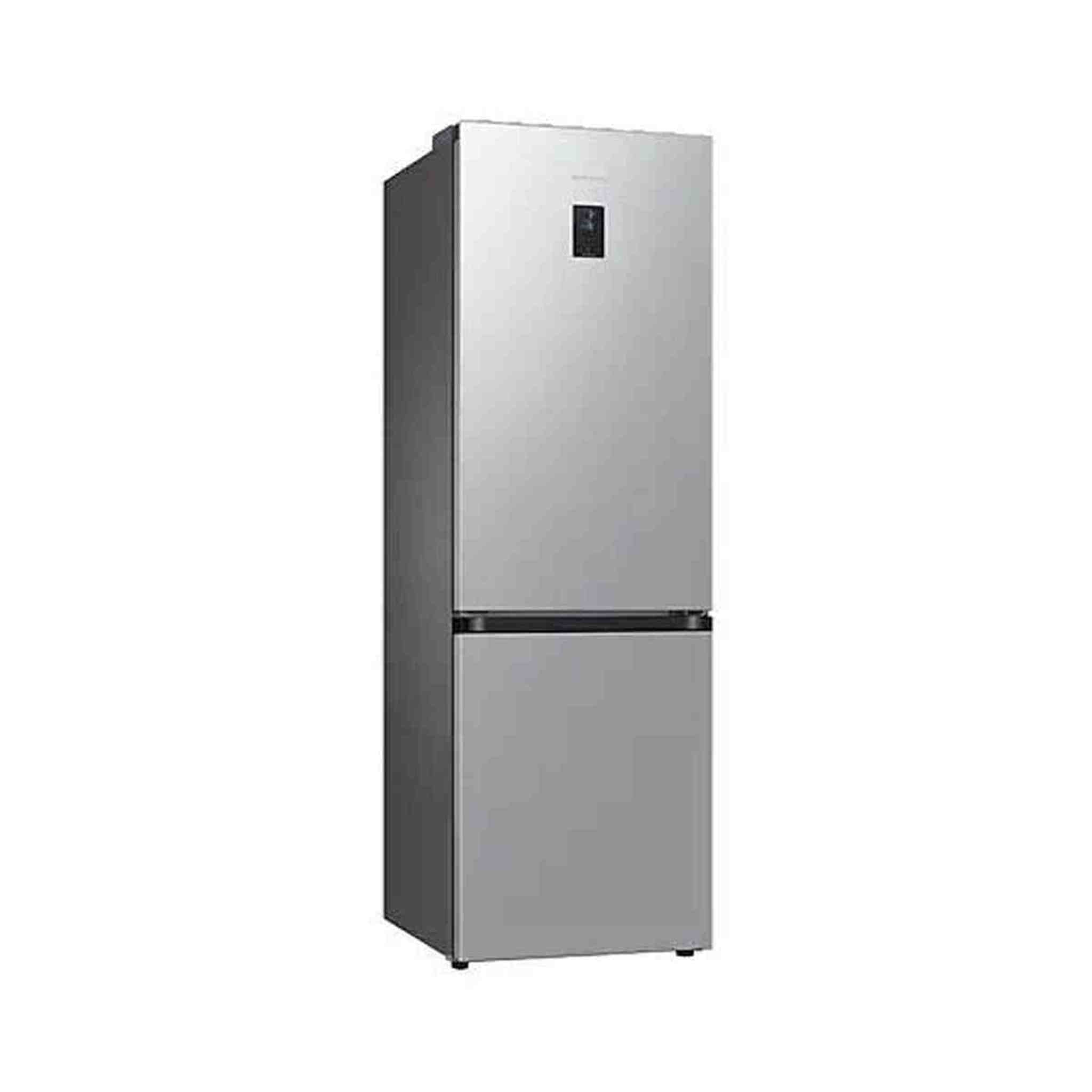 A silver refrigerator stands upright. It has two doors, a digital display, and a black handle. The background is plain white.