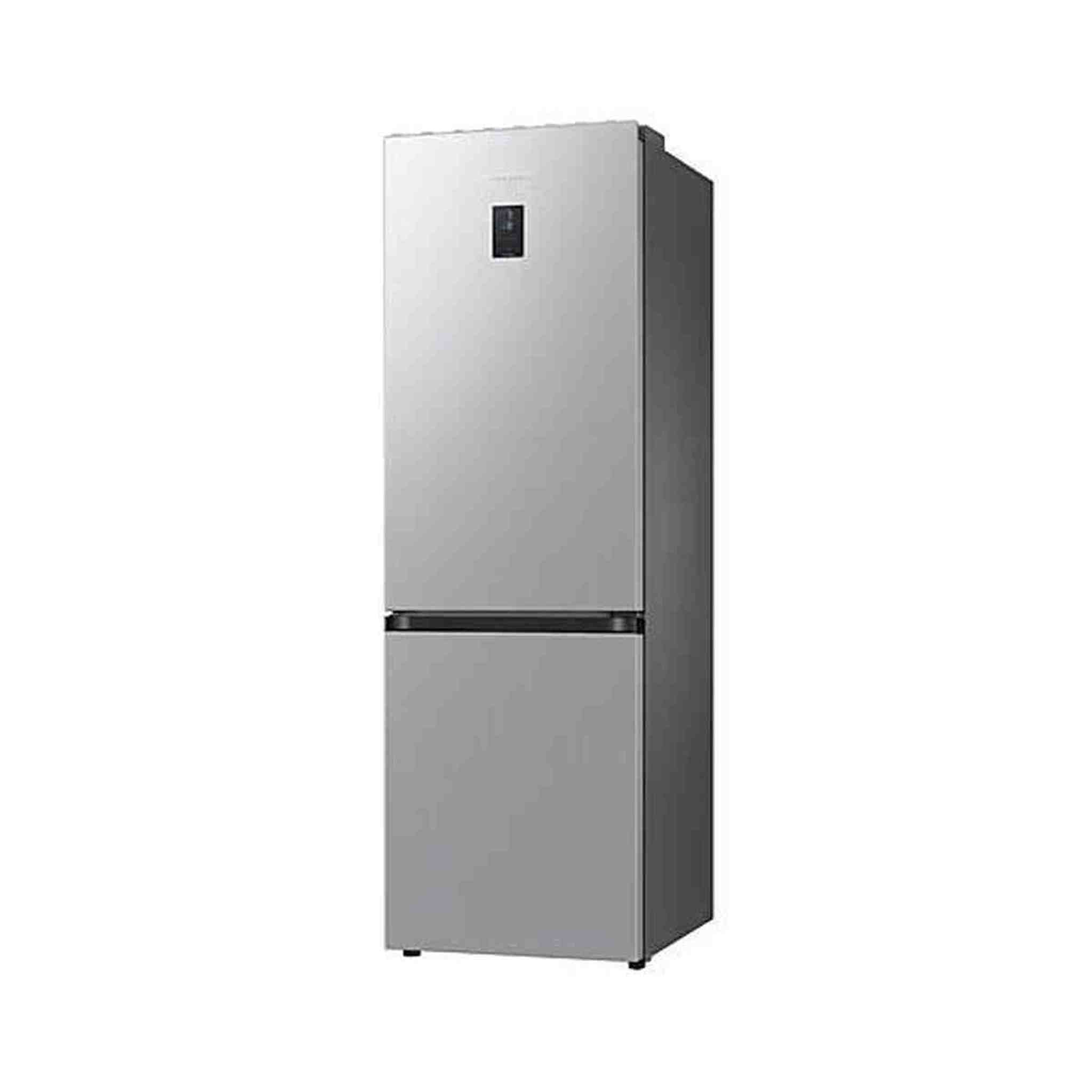 A silver refrigerator, with a freezer at the bottom and a control panel on the door. It stands against a white background.