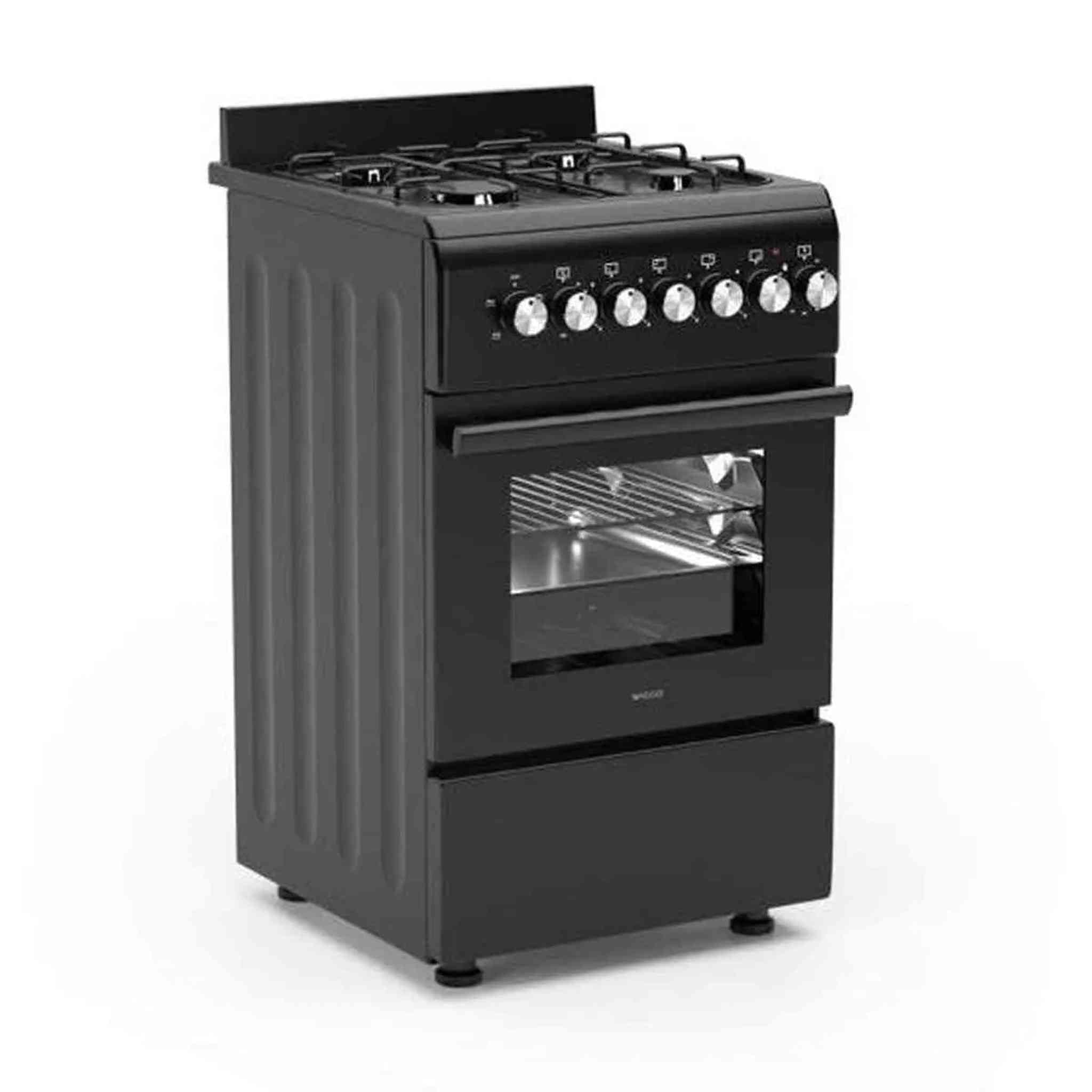 A black, freestanding stove with a cooktop, oven, and storage drawer. Knobs on the front and burners on top.