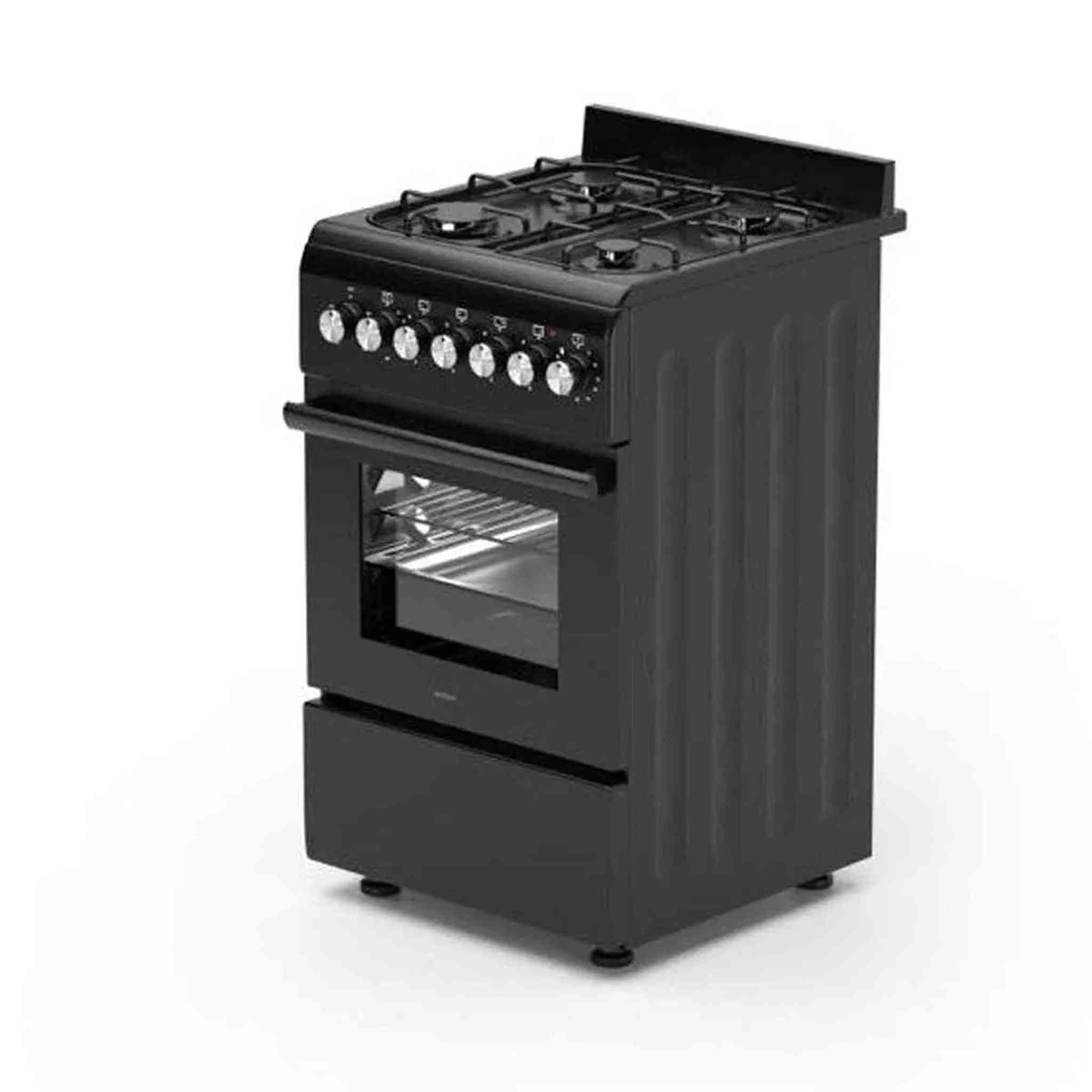 A black, free-standing gas stove with four burners, oven, and storage drawer. Knobs and handles present.