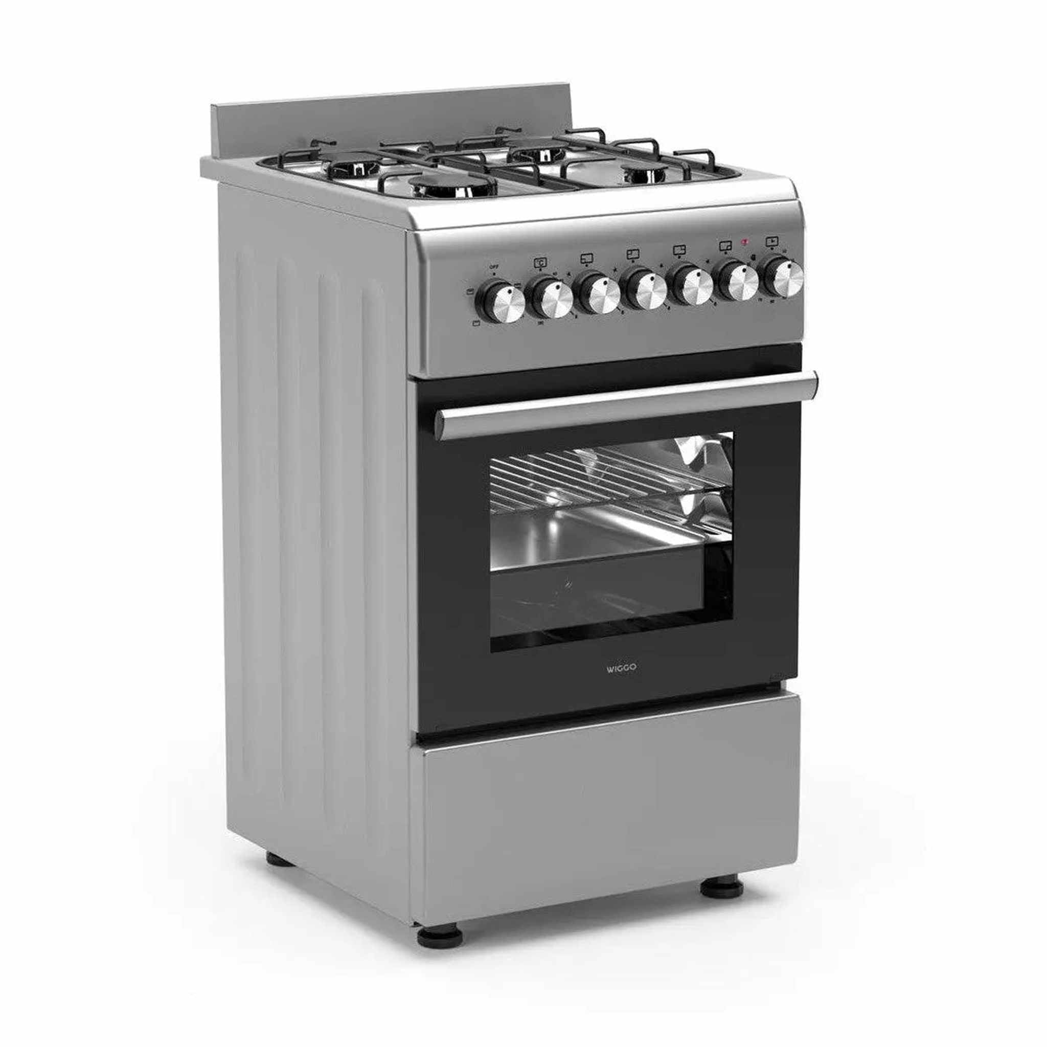 A silver gas stove with an oven. It has four burners, knobs, and a black oven door. The brand is Wiggo.