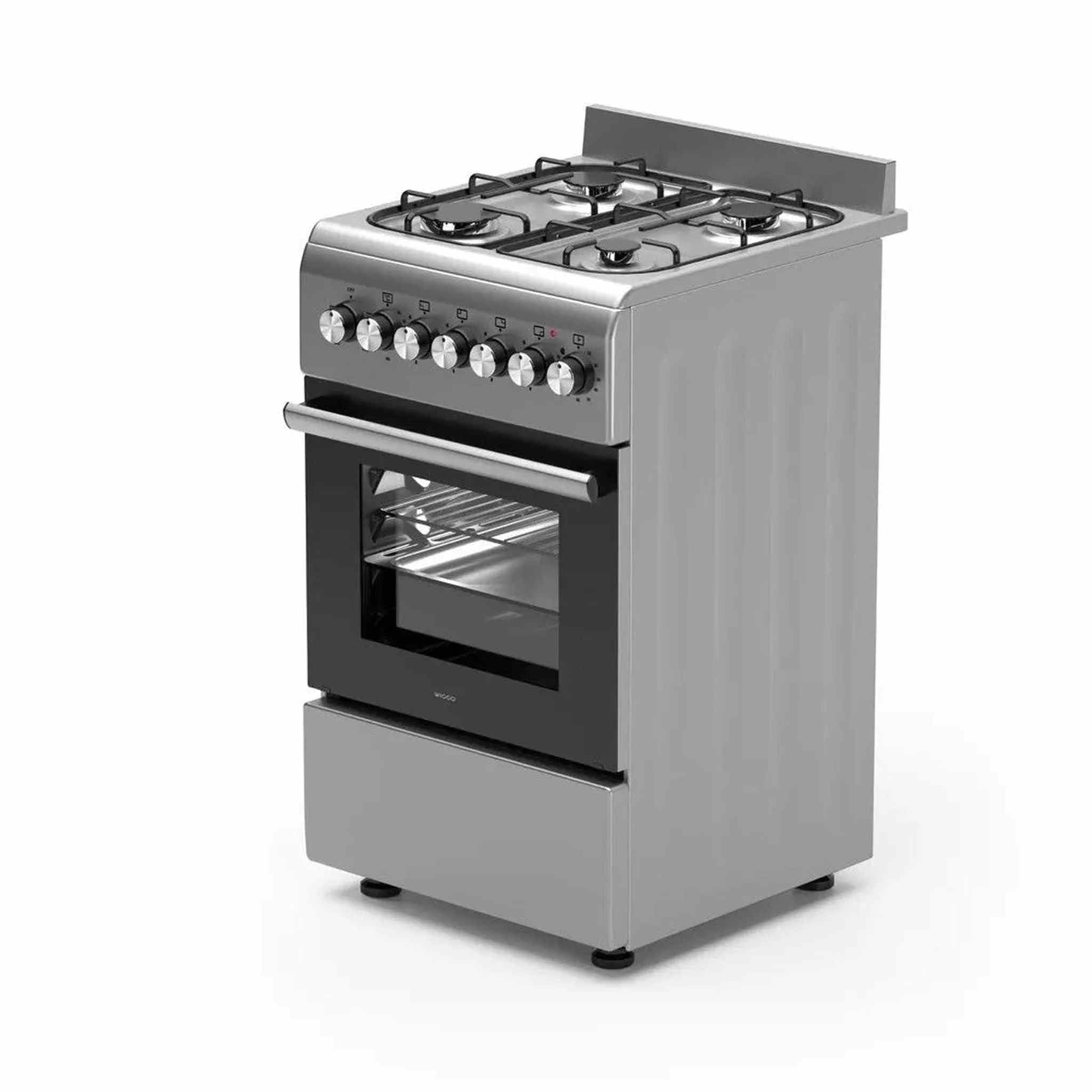 A silver freestanding gas range with four burners, an oven, and a storage drawer. It is on a white background.