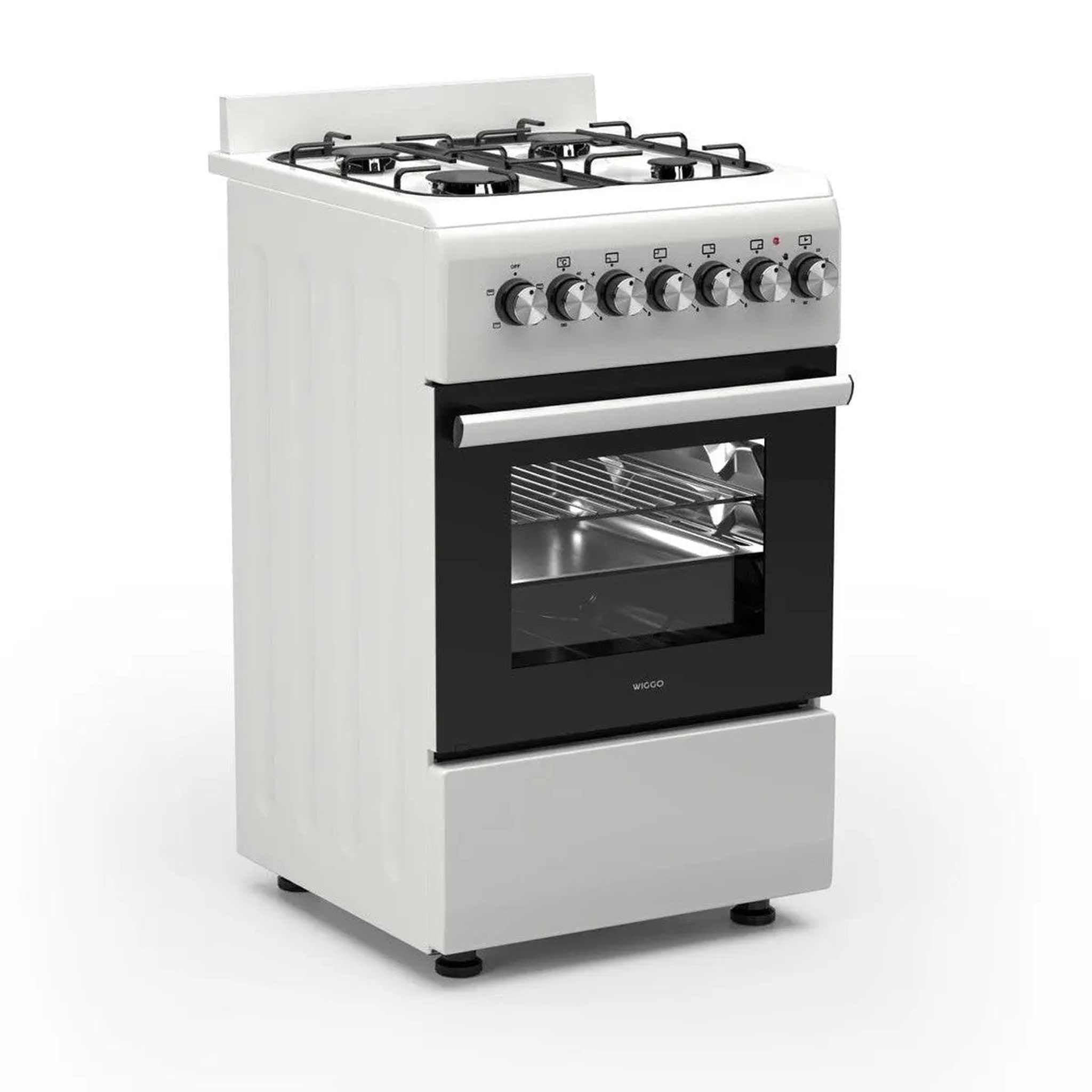 A white gas stove with black stovetop grates, knobs, and an oven. The oven door is black with a window and the brand name.