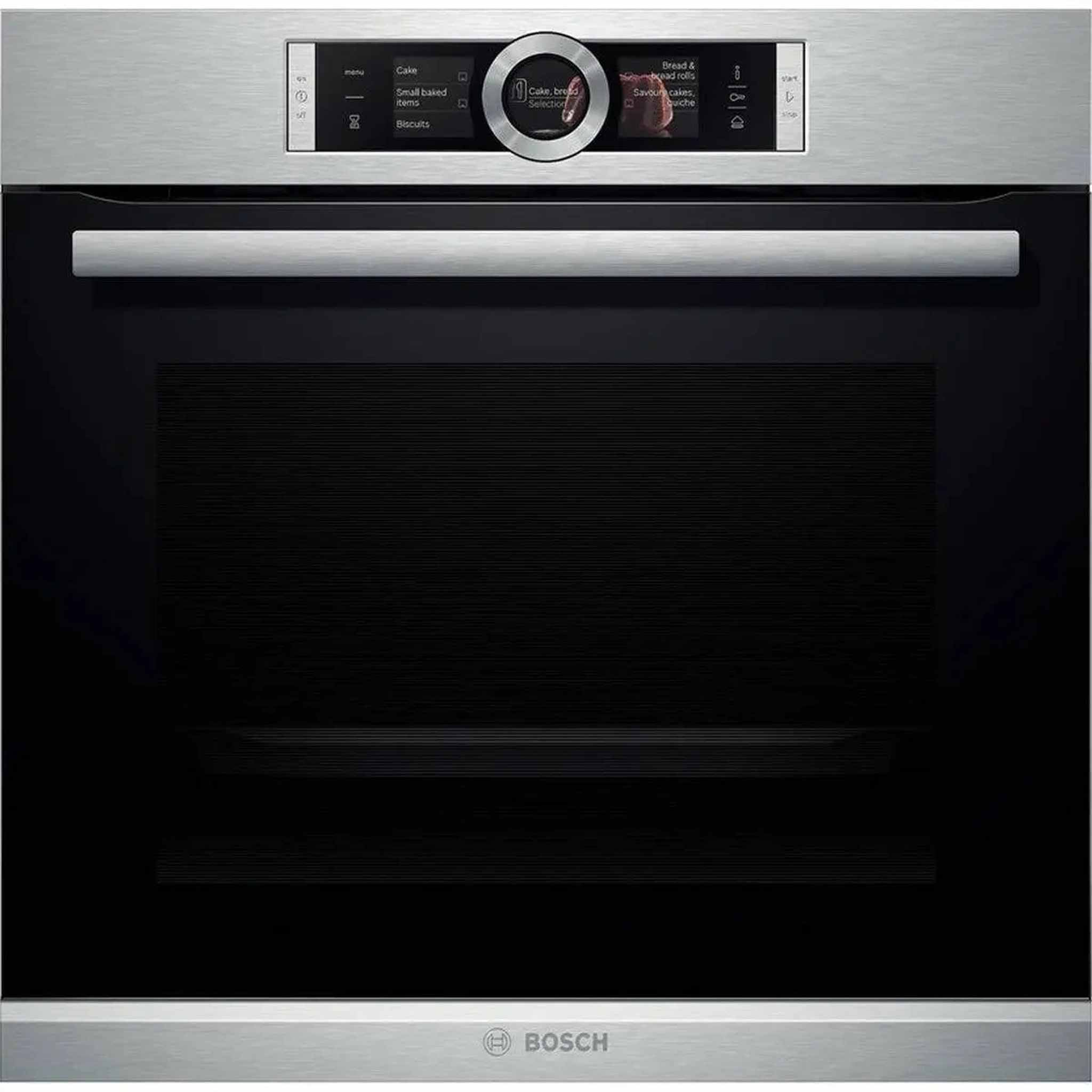 Edelstahl-Bosch-Backofen. Er hat eine schwarze Tür, ein digitales Display und ein Bedienfeld mit Kochoptionen.
