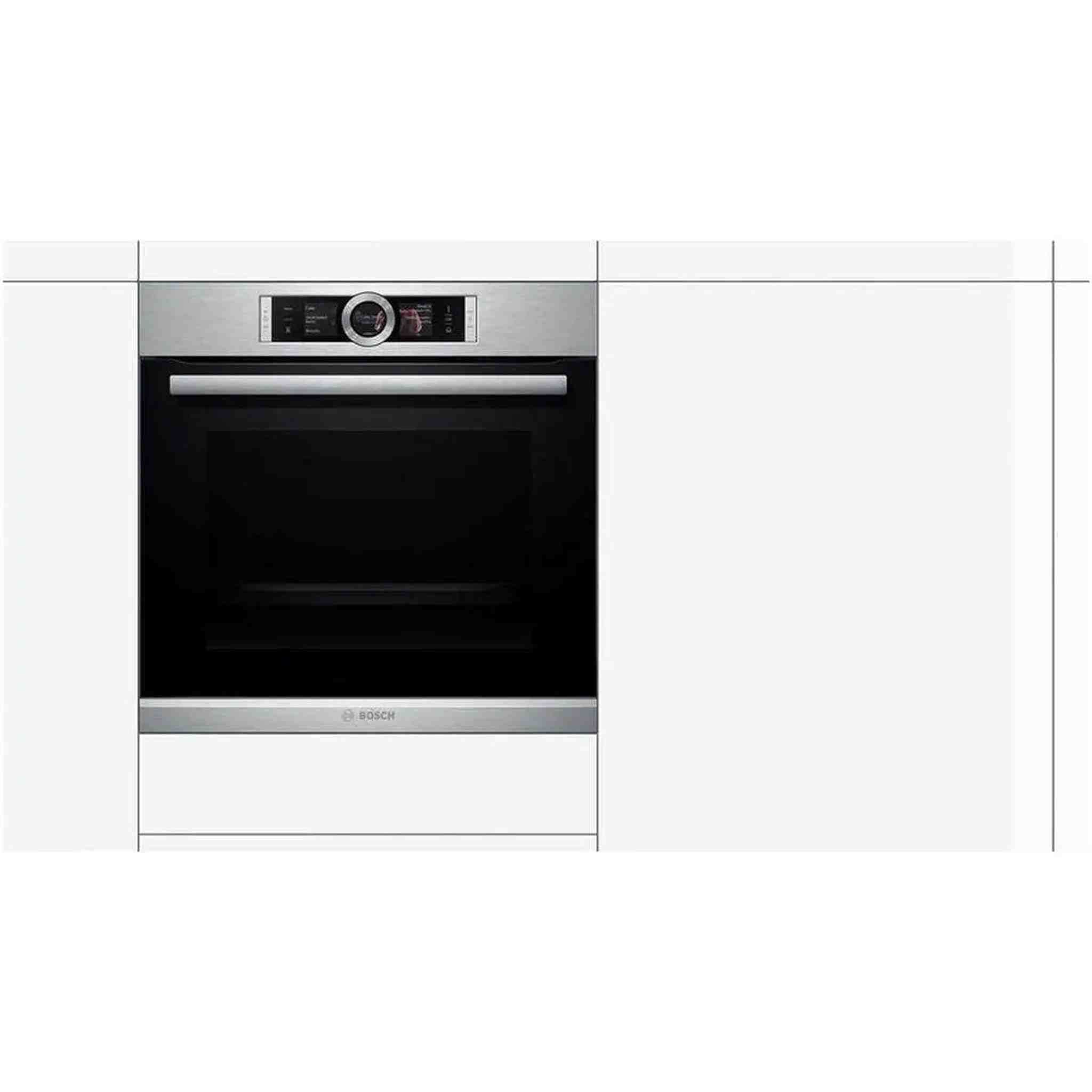 Ein eingebauter Edelstahl-Backofen mit schwarzer Glastür ist in einem weißen Küchenschrank eingebaut. Der Ofen hat Bedienelemente und ein Bosch-Logo.