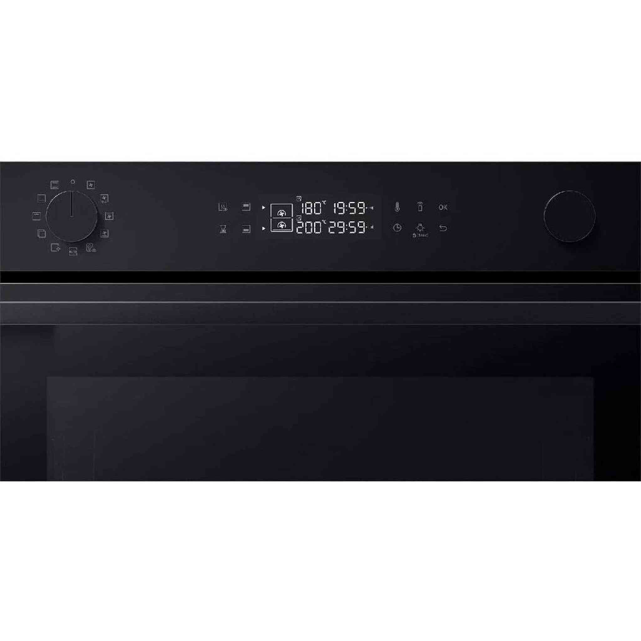 Zwarte oven voorkant. Heeft een display met temperatuur en tijd. Knoppen en toetsen zijn links en rechts aanwezig.