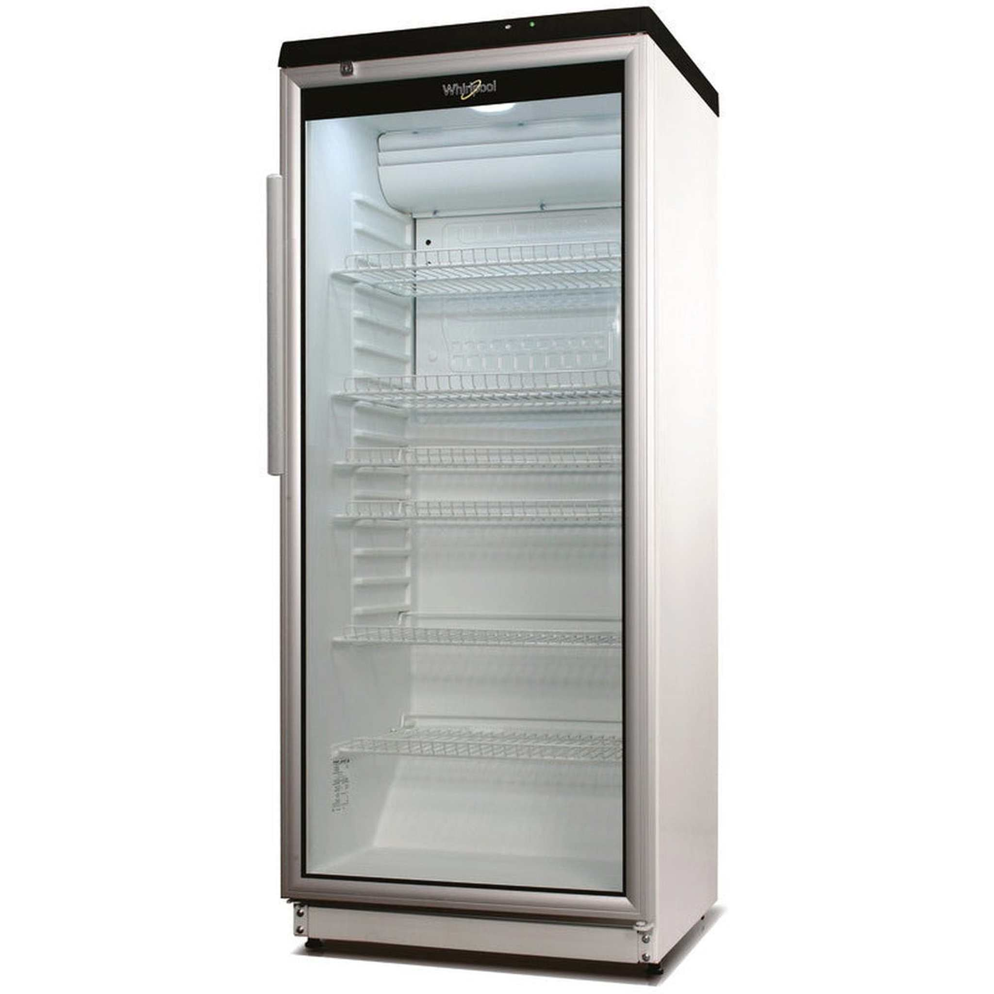 Un réfrigérateur Whirlpool blanc avec une porte vitrée, des étagères en fil de fer et un dessus noir. Poignée argentée.