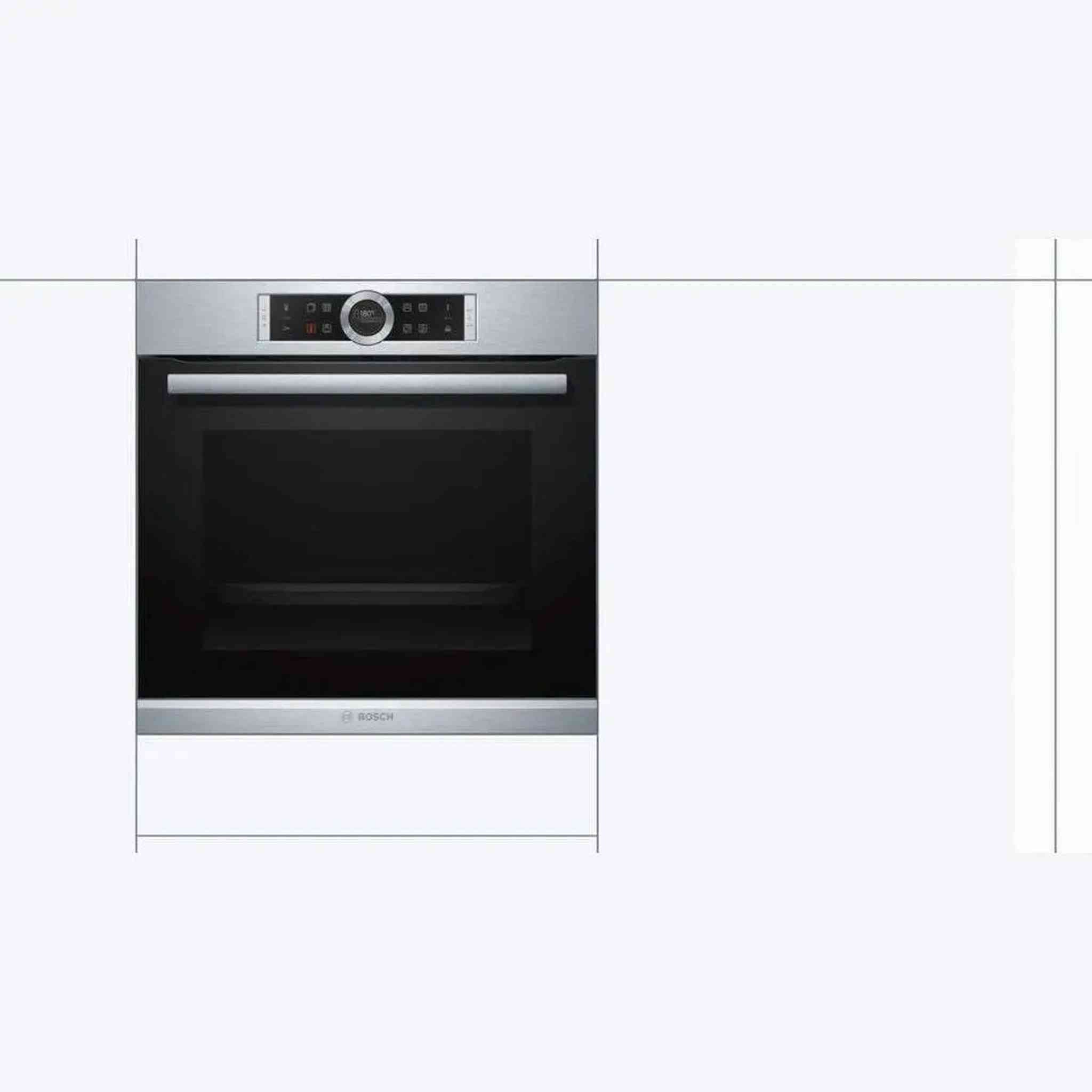 Un four Bosch en acier inoxydable est intégré dans une armoire blanche. Il a une porte noire et un panneau de commande avec un bouton rond.