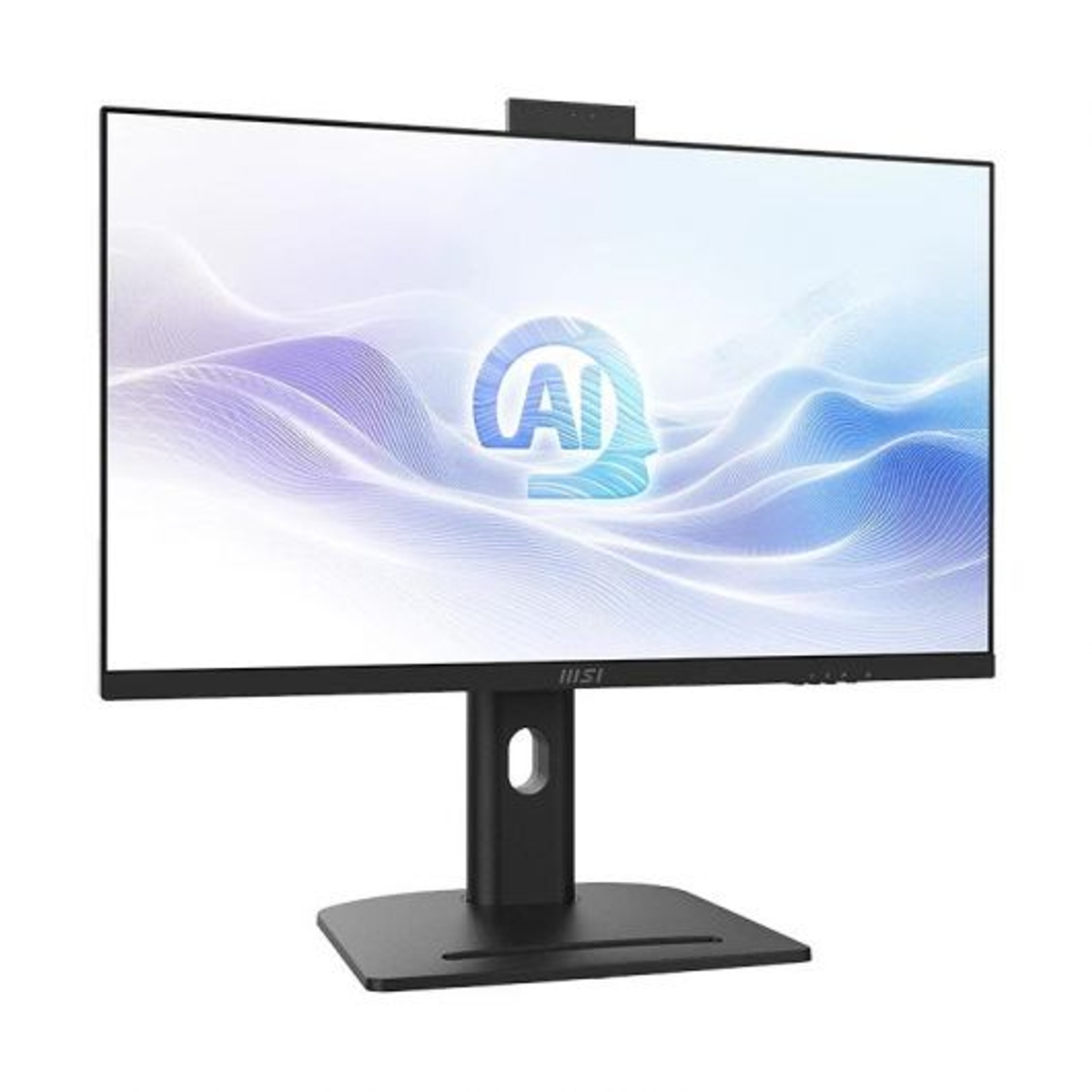 Un monitor de computadora negro con un soporte. La pantalla muestra un diseño ondulado azul y blanco con un logotipo de IA.