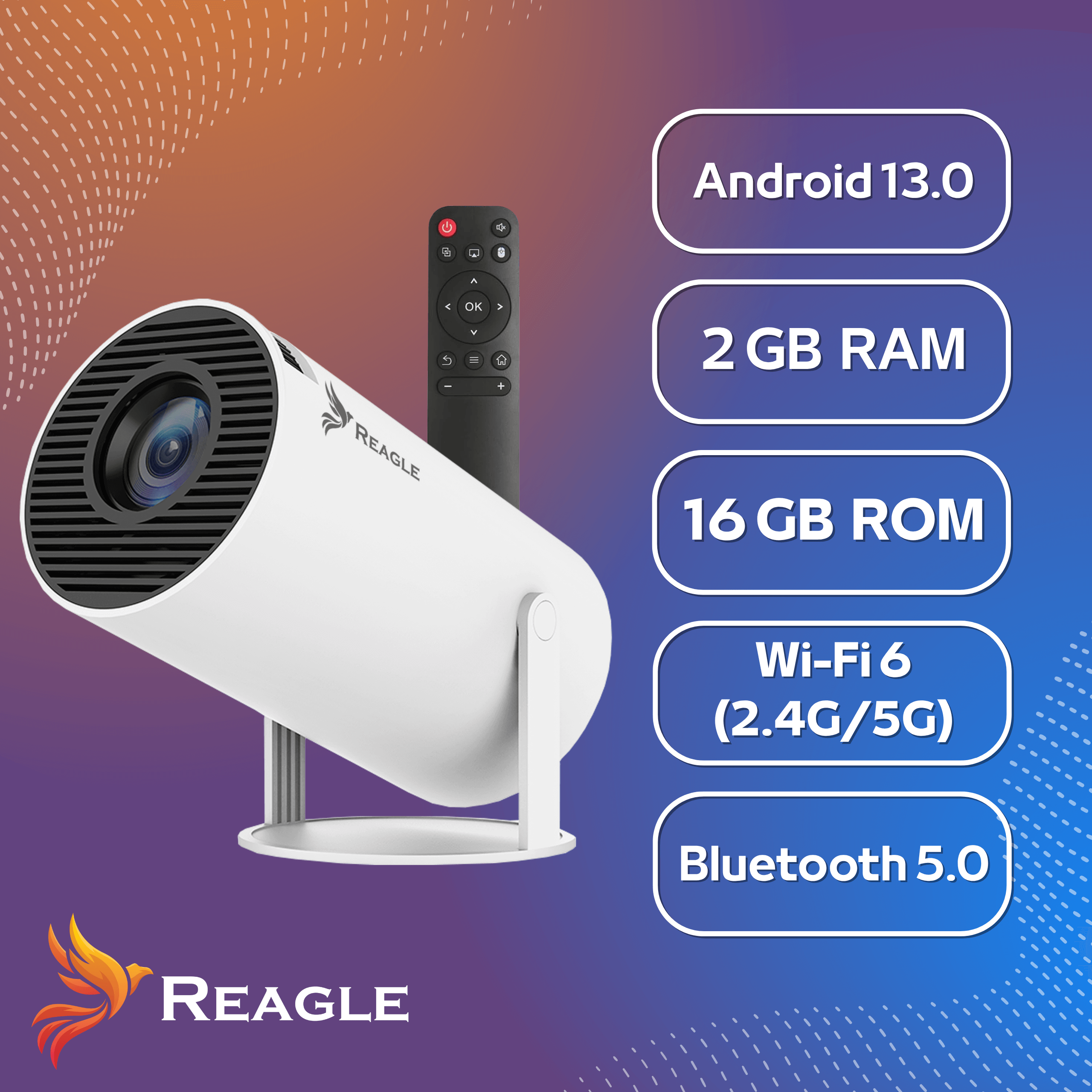 Biały projektor z pilotem. Tekst pokazuje Android 13.0, 2 GB RAM, 16 GB ROM, Wi-Fi 6 i Bluetooth 5.0.