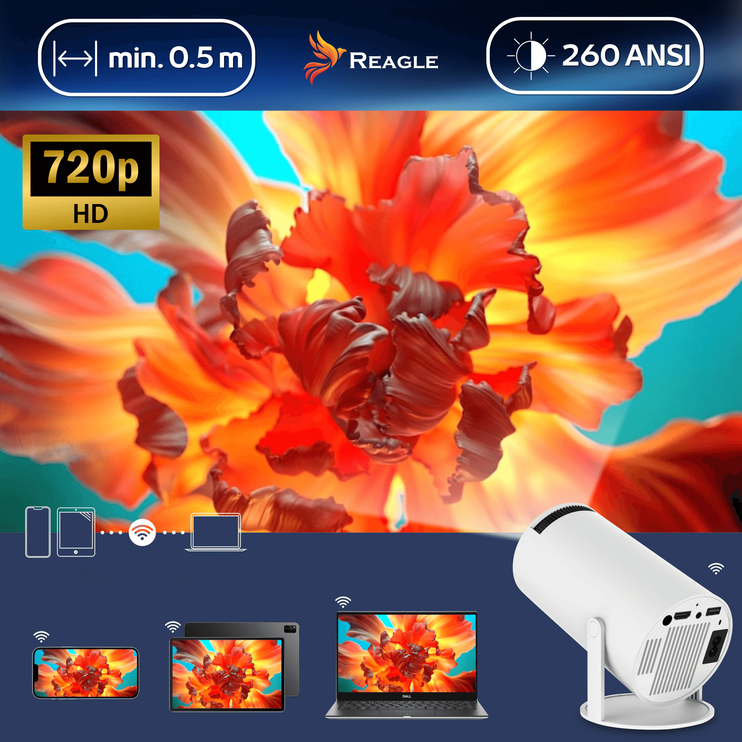 Biały projektor z tłem w postaci zdjęcia kwiatu. Wyświetla połączenie bezprzewodowe z telefonem, tabletem i laptopem.