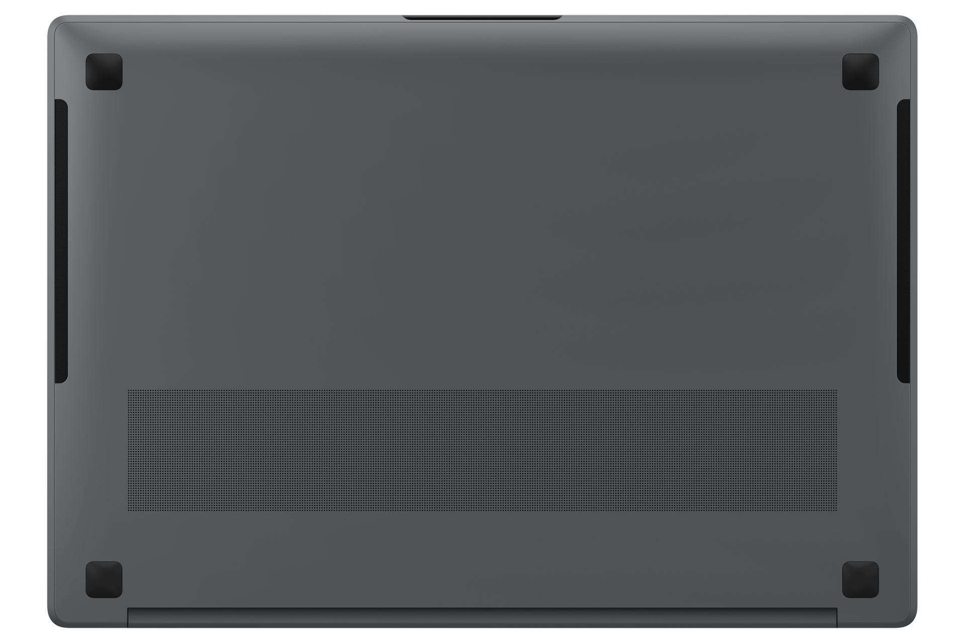 Widok od spodu szarego laptopa. Ma nóżki na każdym rogu, otwór wentylacyjny i czarny pasek z boku. Powierzchnia jest gładka.