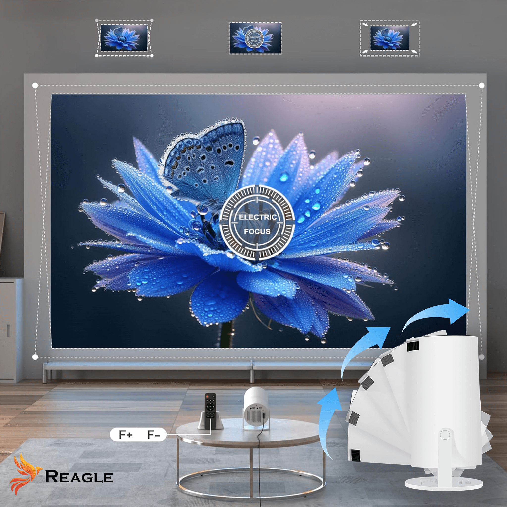 Konfiguracja projektora z motylem na niebieskim kwiatku, elektrycznym ustawianiem ostrości i strzałkami wskazującymi na projektor.