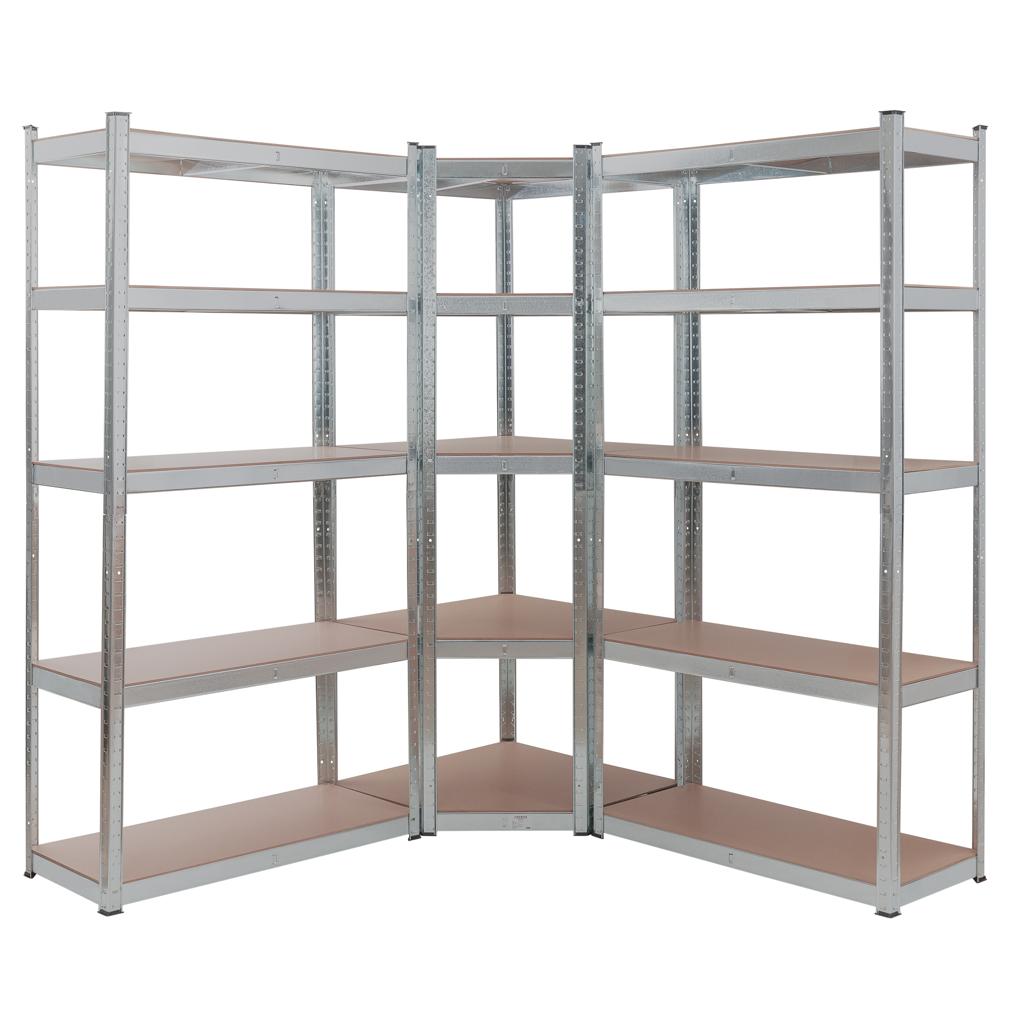 Ein Eckregal aus Metall mit braunen Regalböden. Es hat ein dreiteiliges Design, ideal zur Maximierung des Stauraums in einer Ecke.