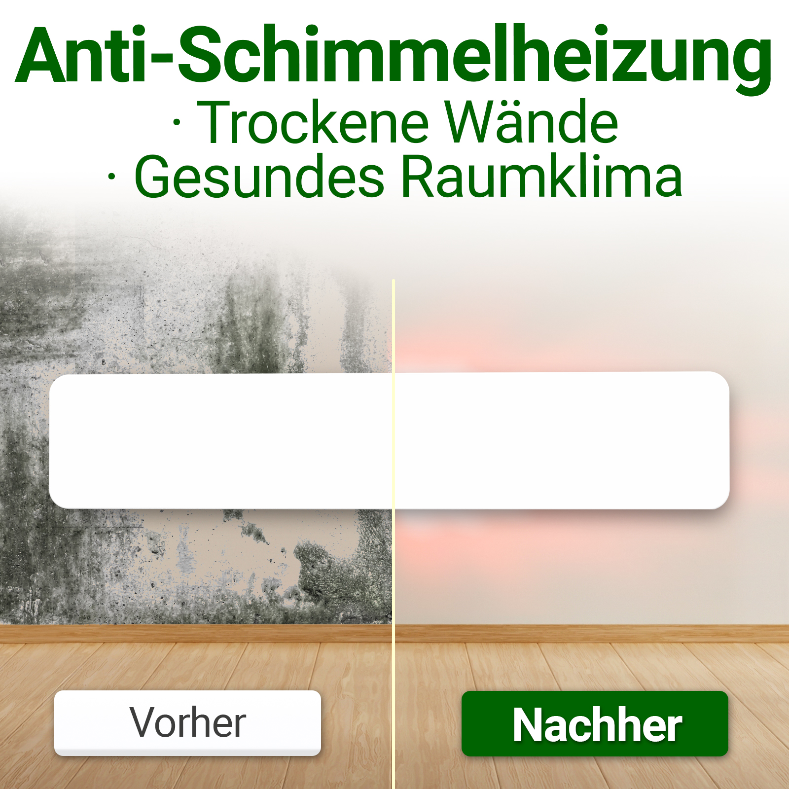Das Bild zeigt eine Wand mit Schimmel vor und nach der Behandlung. Der Hintergrund hat Text: Anti-Schimmelheizung.