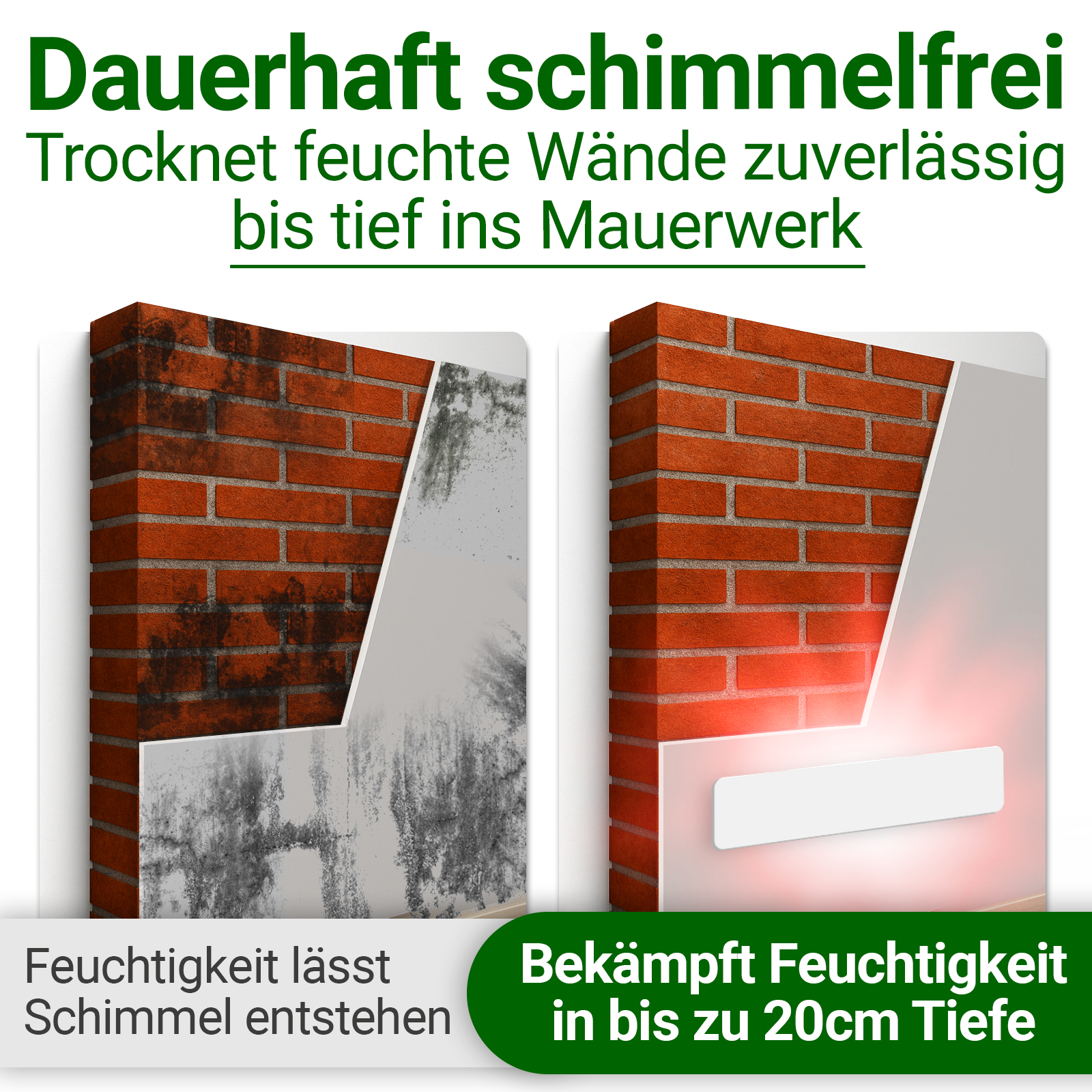 Das Bild zeigt einen Backsteinmauerabschnitt mit und ohne Schimmel. Text: trocknet feuchte Wände zuverlässig.