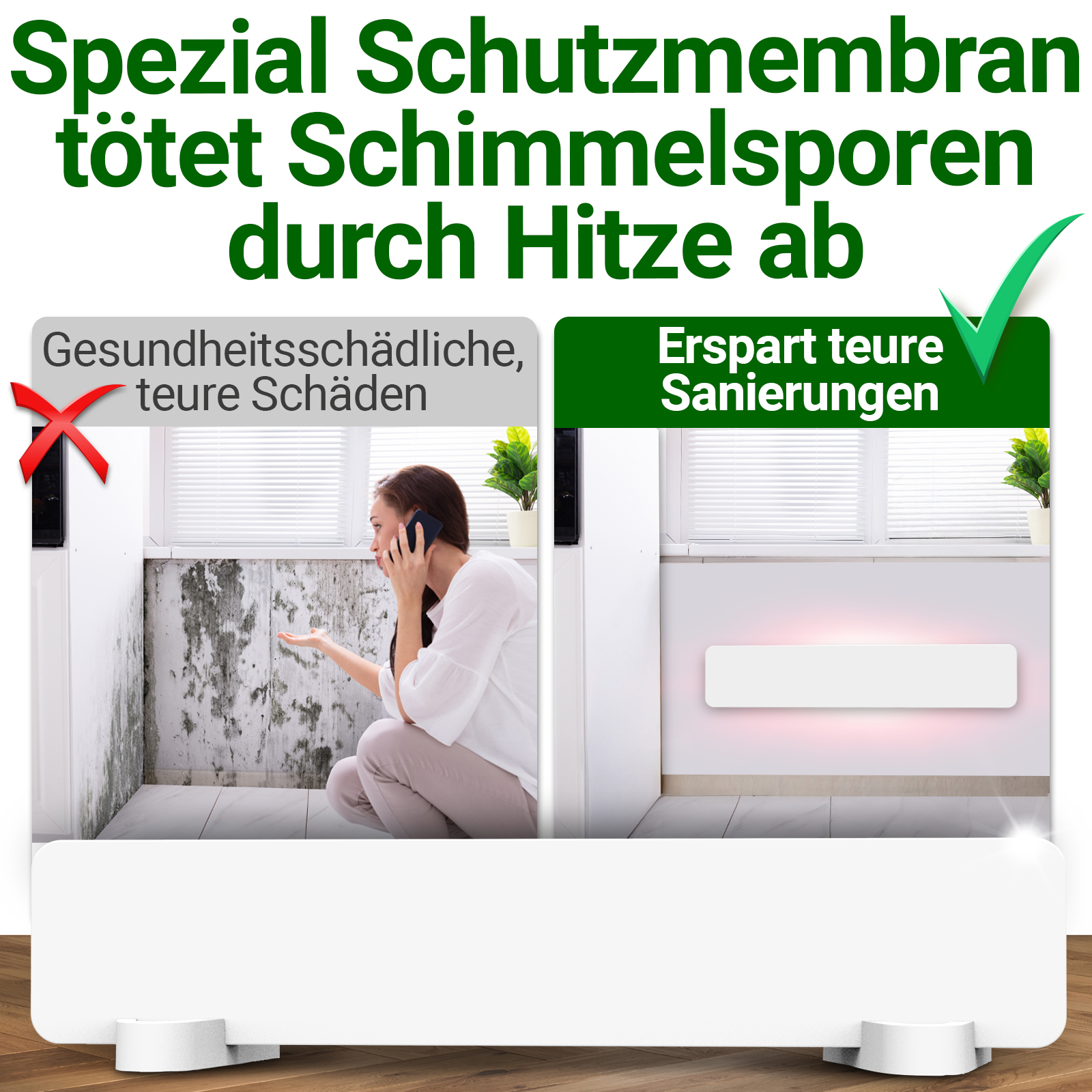 Das Bild zeigt eine schimmlige Wand und eine Frau am Telefon. Der Text besagt, dass es Schimmelsporen mit Hitze abtötet. Die rechte Seite ist sauber.