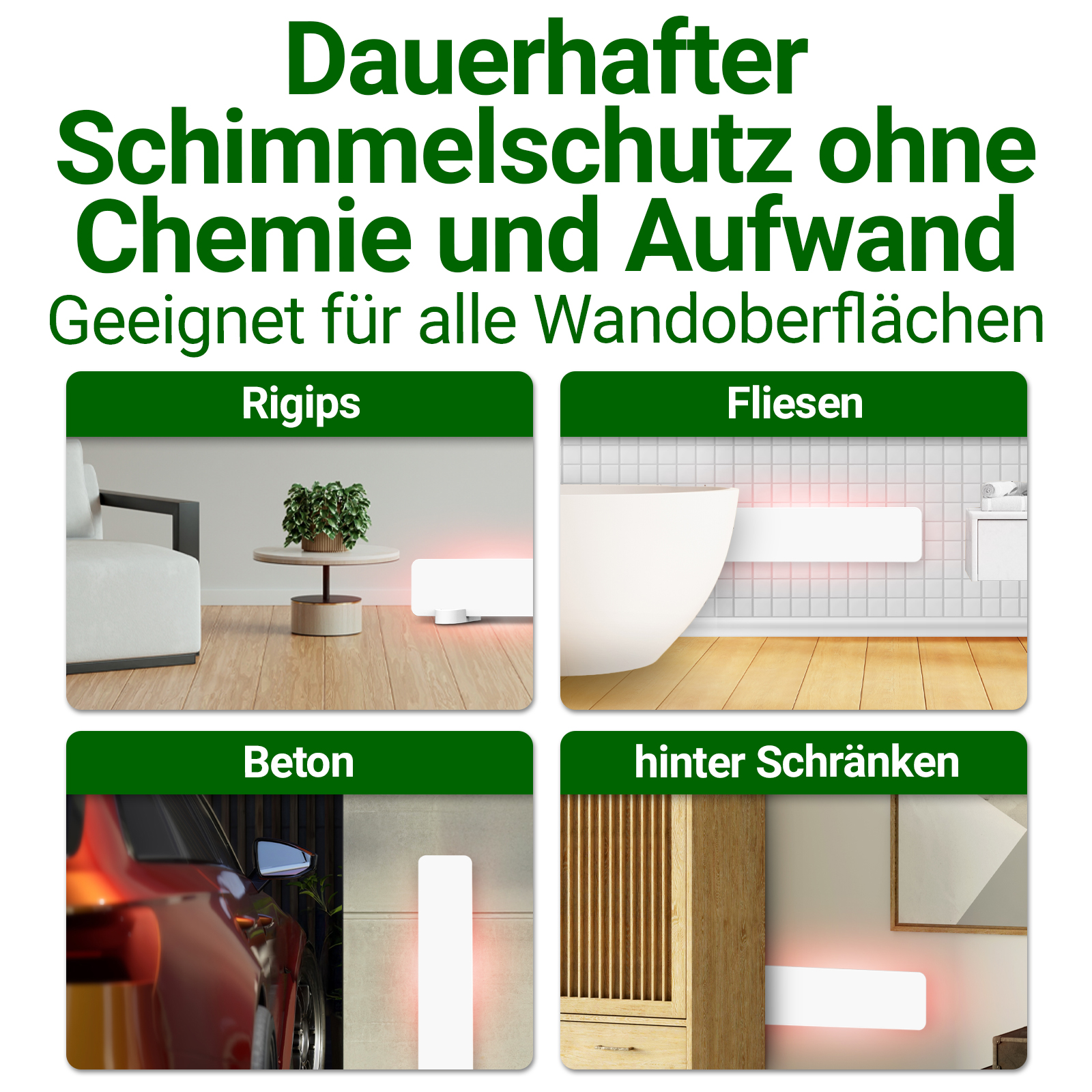 Das Bild zeigt vier Szenarien: Wohnzimmer, Badezimmer, Auto in der Nähe einer Wand und Möbel. Der Text oben lautet 'Dauerhafter Schimmelschutz'.