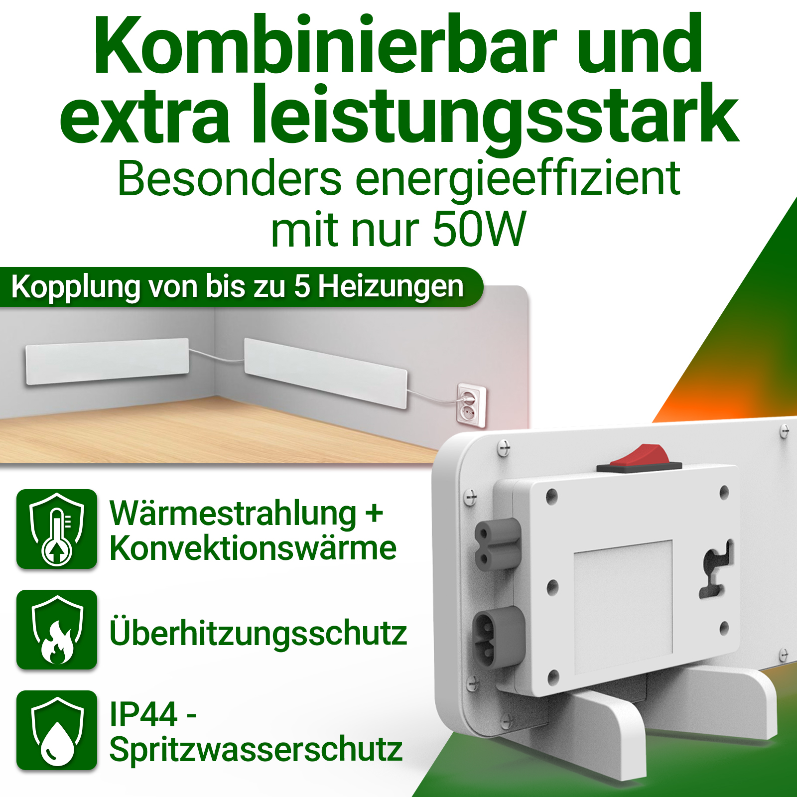 Weißer Heizkörper mit rotem Schalter. Text weist auf Energieeffizienz und Heizmerkmale hin. Grün-weißer Hintergrund.