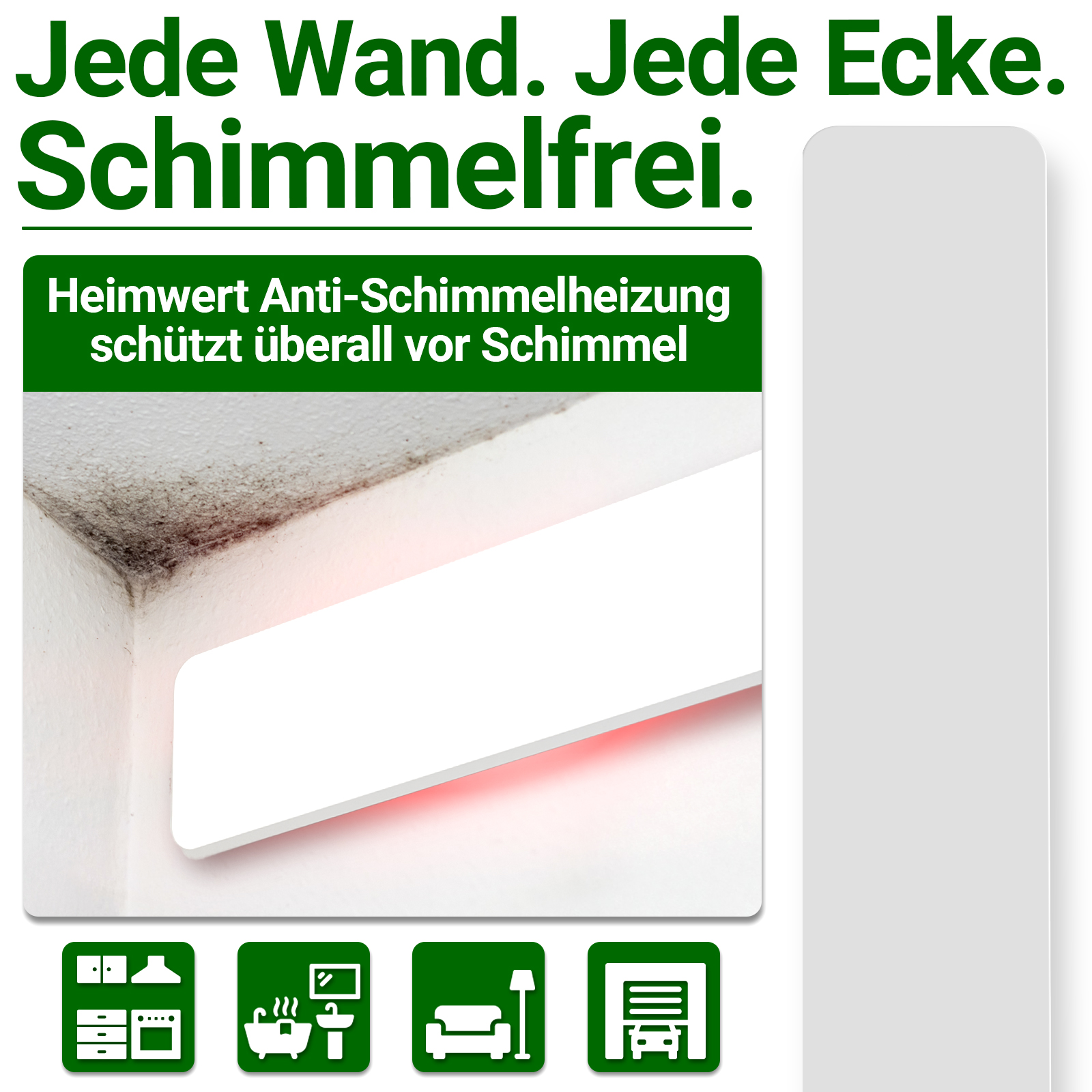 Bild zeigt Ecke mit Schimmel und weißem Gerät. Text: Anti-Schimmelheizung schützt vor Schimmel.