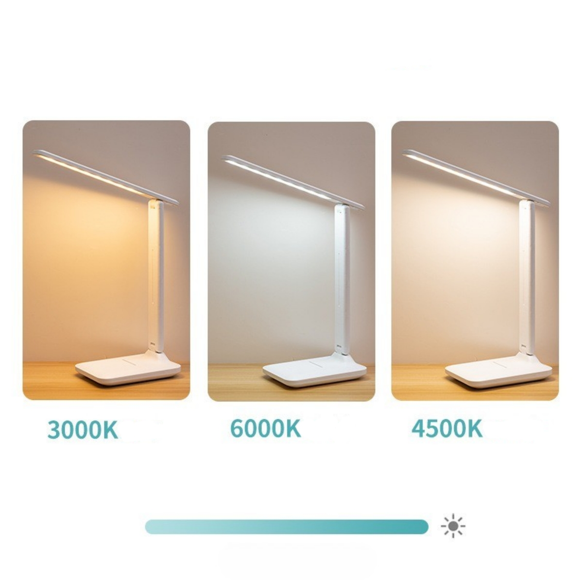 Das Bild zeigt eine weiße Schreibtischlampe mit einstellbaren Helligkeitseinstellungen (3000K, 6000K, 4500K) auf Holz. Unten ist ein Helligkeitsregler.