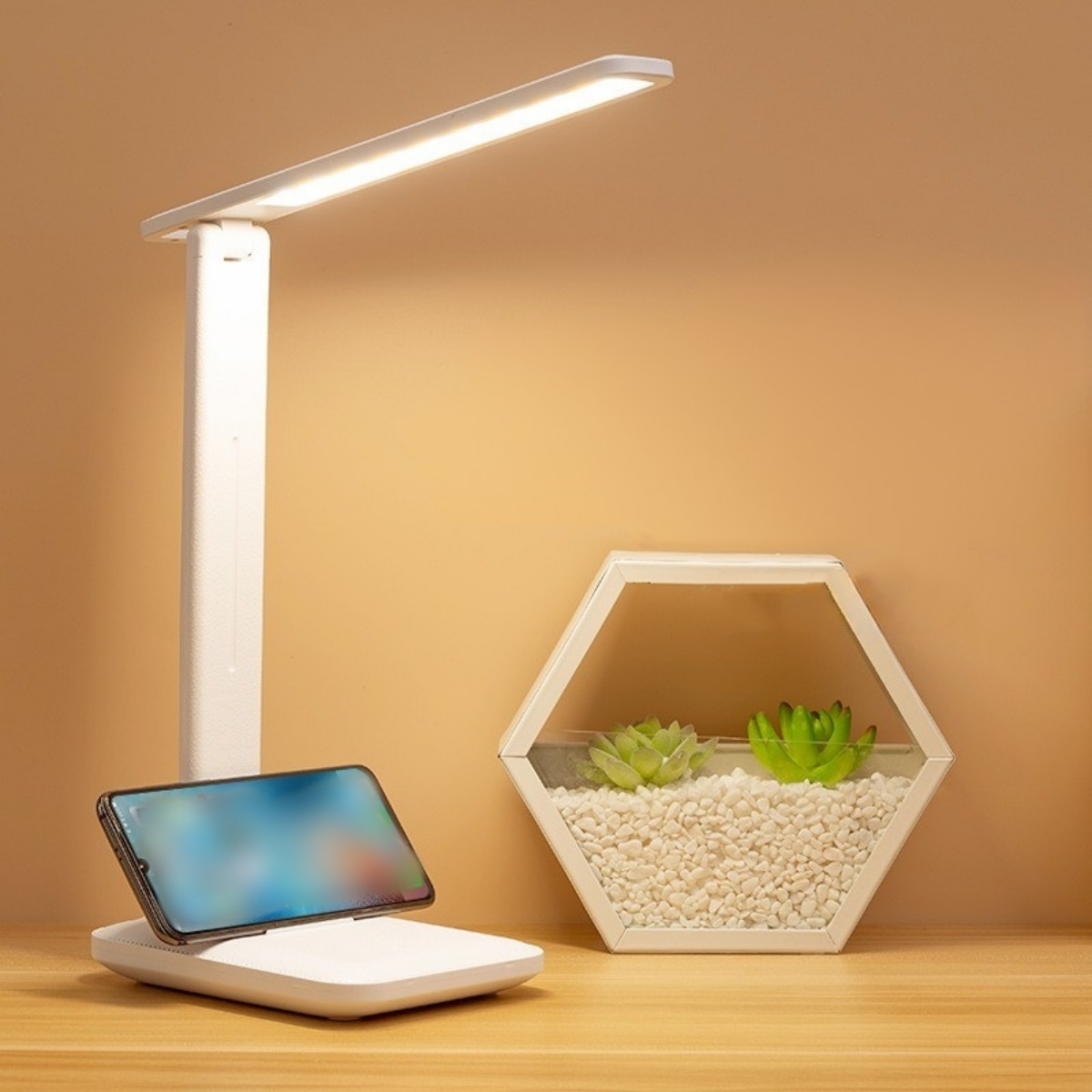 Eine weiße Schreibtischlampe mit Telefon auf dem Sockel. Rechts steht ein Terrarium mit Sukkulenten. Der Hintergrund ist eine hellbraune Wand.