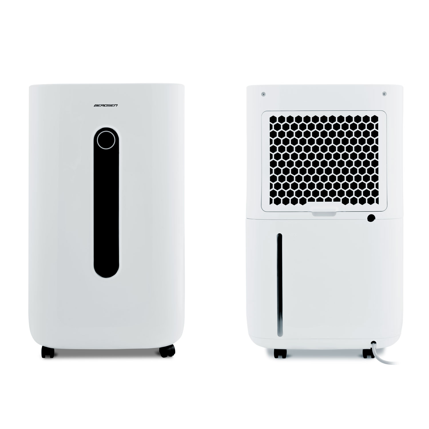 Biały osuszacz powietrza Berosen, widok z przodu i z tyłu. Przód ma czarny pionowy otwór, a tył kratkę o strukturze plastra miodu.