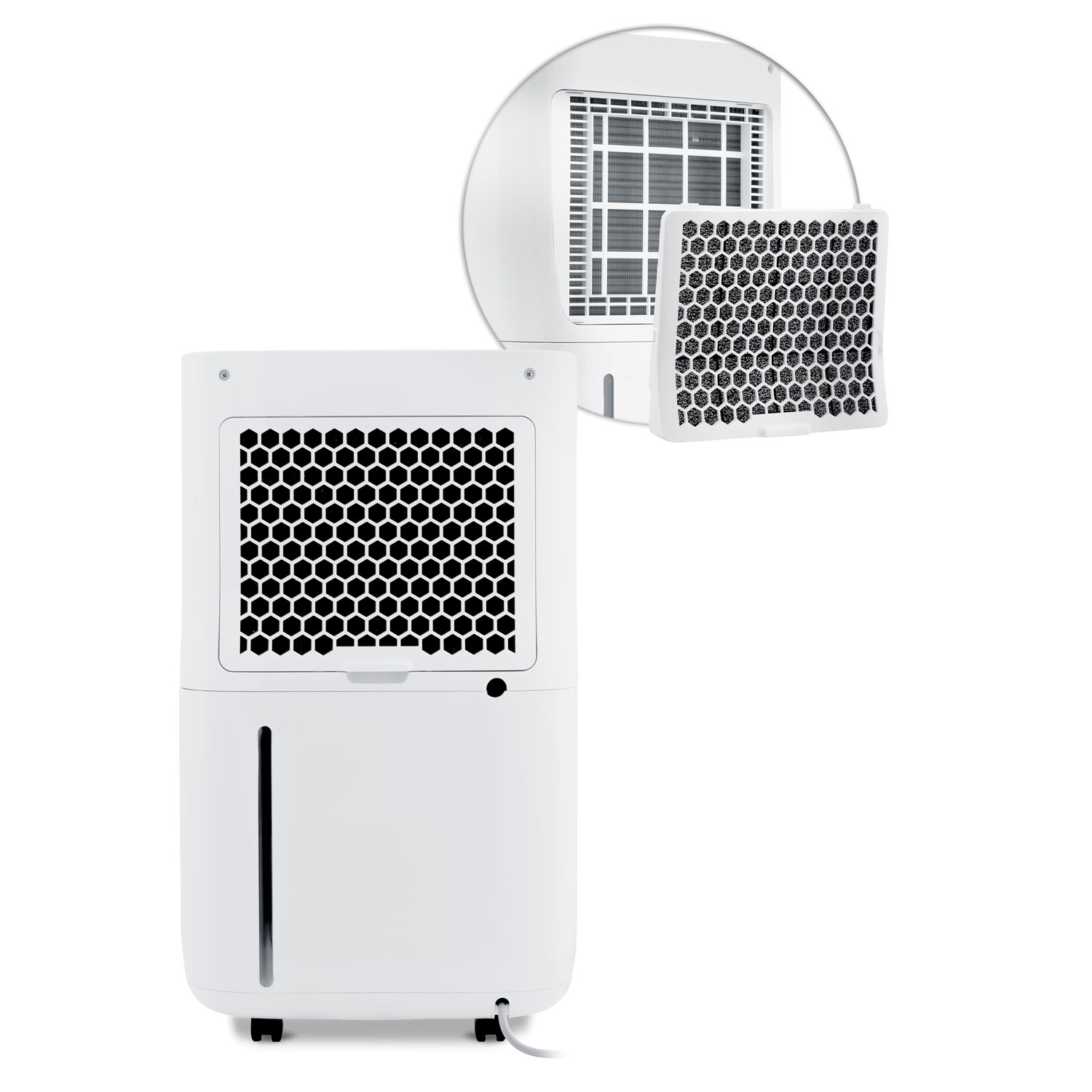 Biały osuszacz powietrza z czarnym filtrem o strukturze plastra miodu i dodatkowym filtrem. Jeden filtr jest odłączony. Na białym tle.