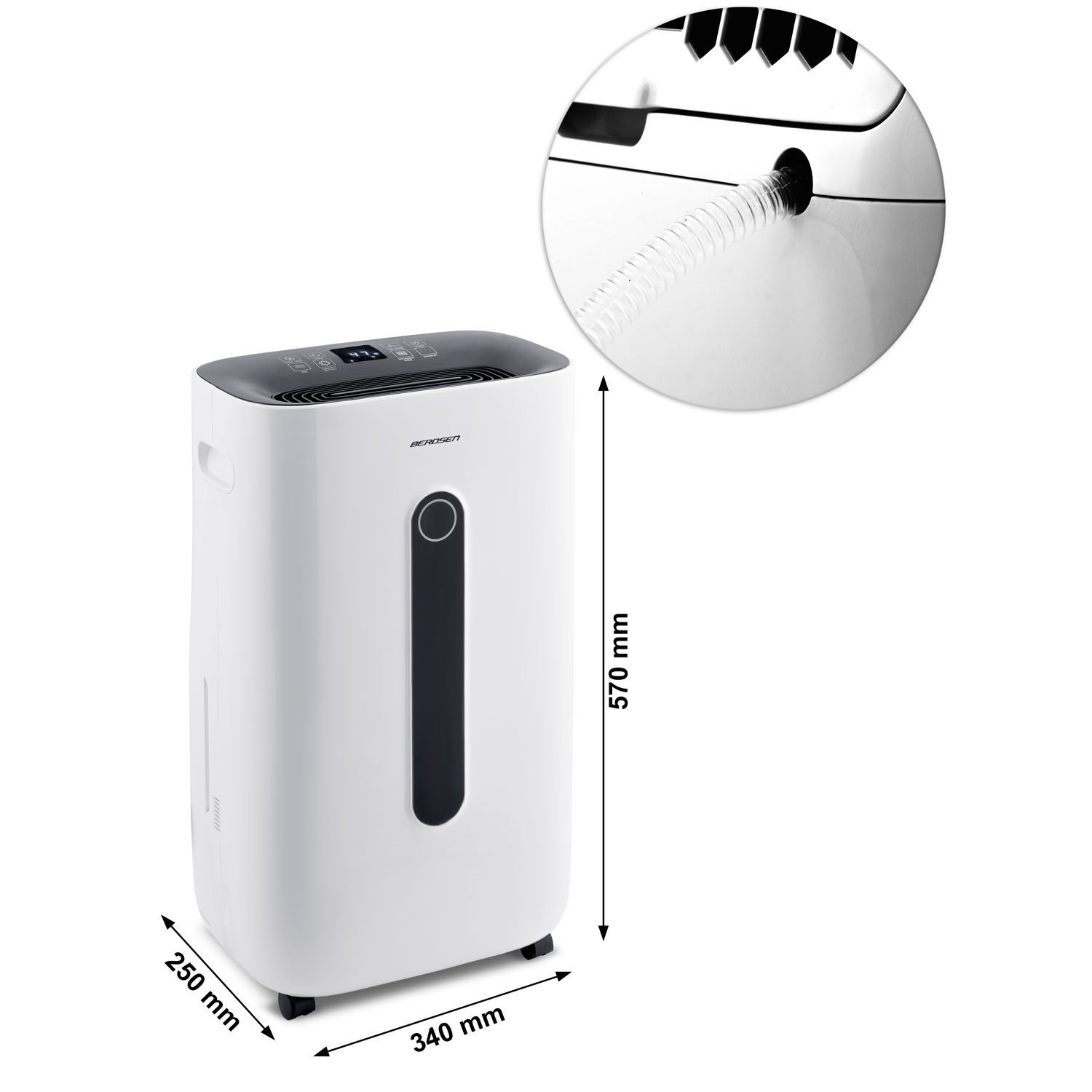 Biały osuszacz powietrza z wymiarami, czarnym blatem i okrągłym zbliżeniem połączenia węża. Wymiary: 570mm x 340mm x 250mm.