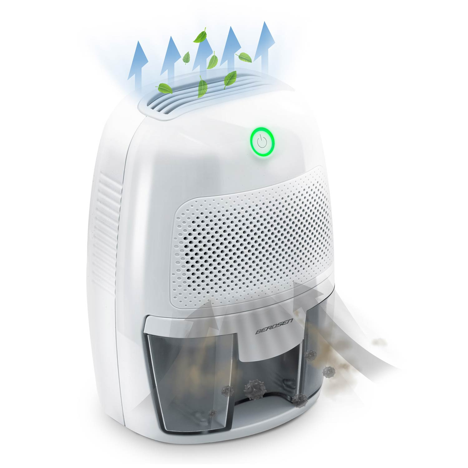 Biały oczyszczacz powietrza z zielonym przyciskiem zasilania, niebieskimi strzałkami i zielonymi liśćmi. Zbiornik na wodę jest widoczny na dole.