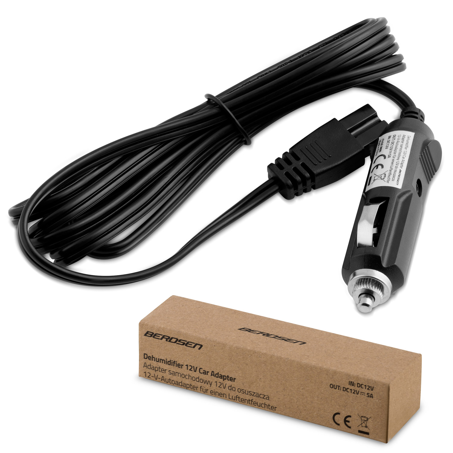 Czarny adapter samochodowy z zwiniętym kablem i brązowym pudełkiem z napisem 'BEROSEN Osuszacz 12V Adapter samochodowy'.