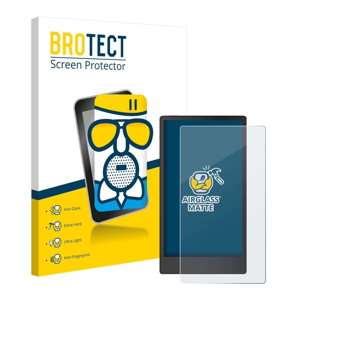 Eine Displayschutzfolienbox mit einem Telefonbild, einem Telefon und einer Displayschutzfolie. Text enthält 'BROTECT Screen Protector' und 'AIRGLASS MATTE'.