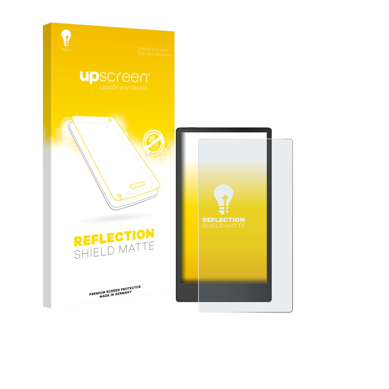 Eine Produktverpackung und ein Displayschutz werden angezeigt. Auf der Verpackung steht 'upscreen' und 'Reflection Shield Matte'. Der Schutz ist auf einem Telefon.