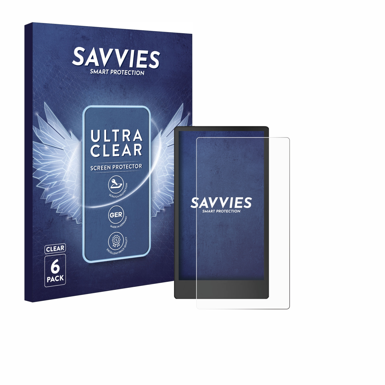Eine Displayschutzbox und ein Tablet mit Displayschutzfolie. Auf der Box steht SAVVIES ULTRA CLEAR, 6er-Pack. Das Tablet ist schwarz.