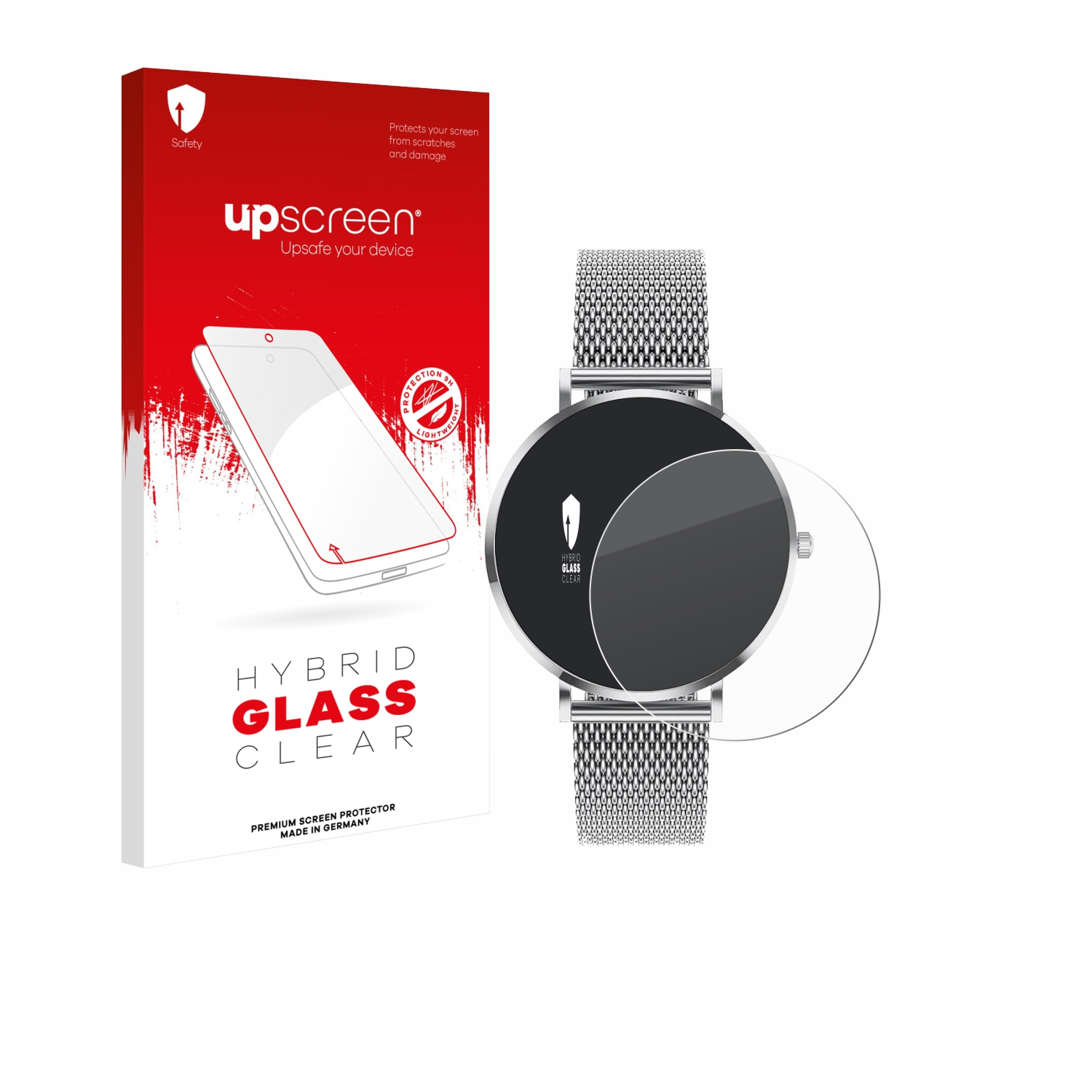 Eine Displayschutzbox und eine Smartwatch mit einer Displayschutzfolie. Die Box ist rot und weiß. Die Uhr hat ein Metallarmband.