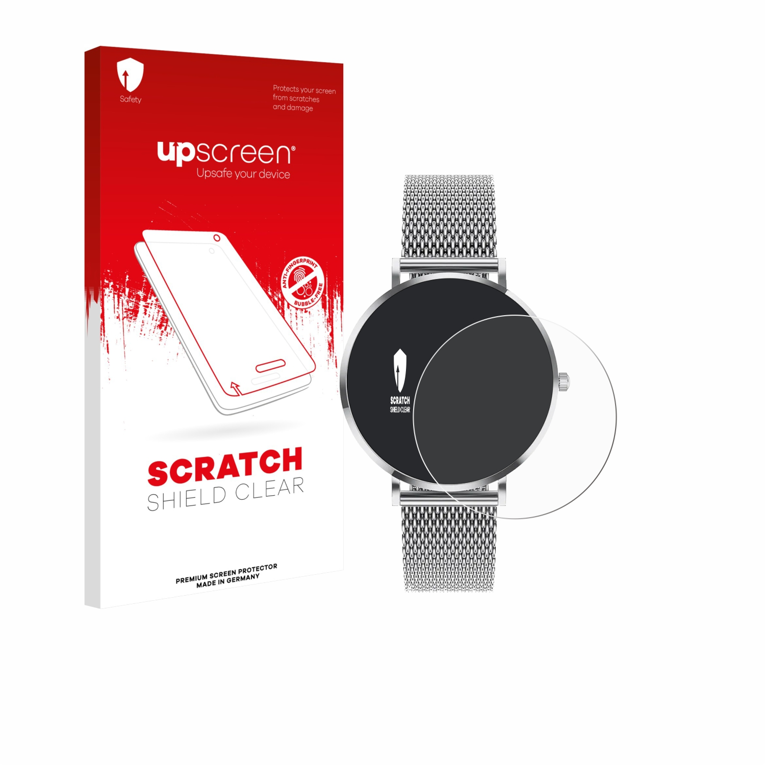 Eine Uhr mit Mesh-Armband liegt neben einer Displayschutzfolien-Box. Die Box ist rot und weiß, mit Text und einer Telefonkontur.
