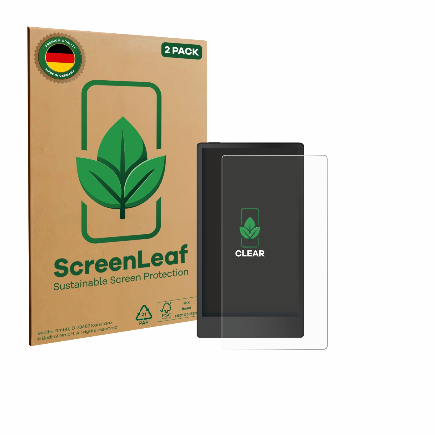 Eine Bildschirmschutzbox, ein Tablet und eine klare Displayschutzfolie vor weißem Hintergrund. Die Box hat ein Blatt-Logo.