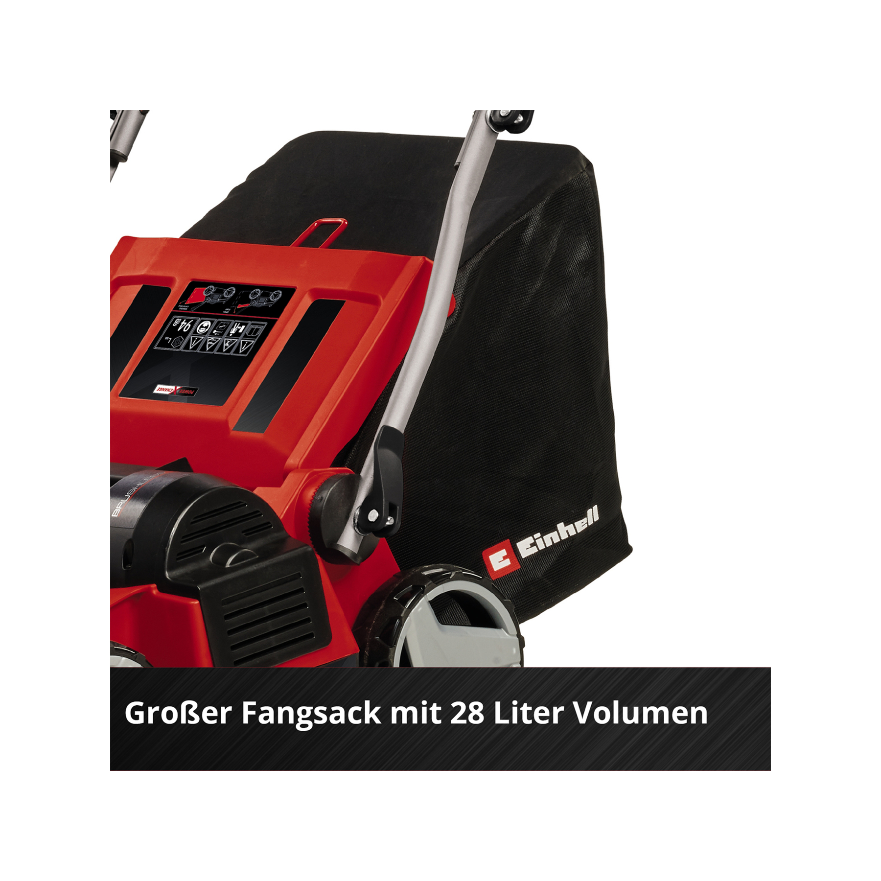Roter Rasenmäher mit schwarzem Fangsack. Der Beutel hat das Einhell-Logo. Text: 'Großer Fangsack mit 28 Liter Volumen'.