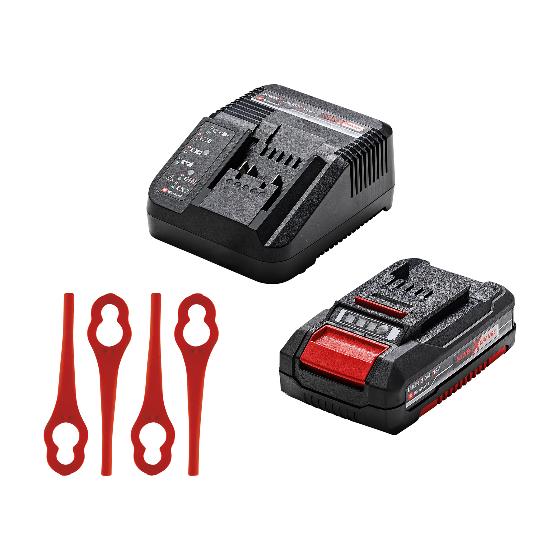 Cargador y batería negros, cuchillas rojas. Herramientas eléctricas y accesorios sobre fondo blanco.