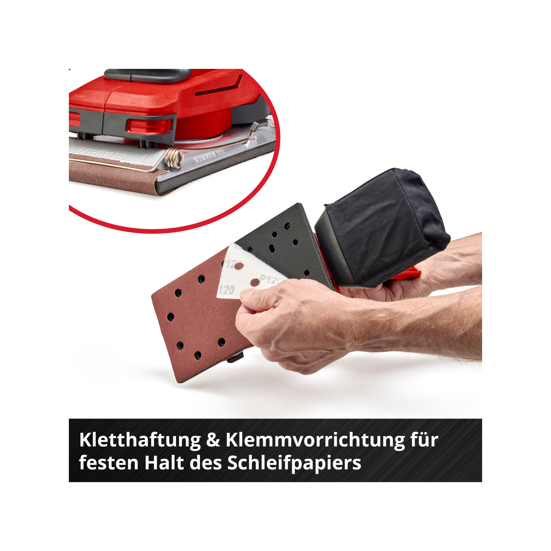 Ein roter Schleifer mit schwarzem Beutel. Eine Hand hält ein Schleifpapier. Nahaufnahme zeigt Schleifpapier und Maschinenteile.